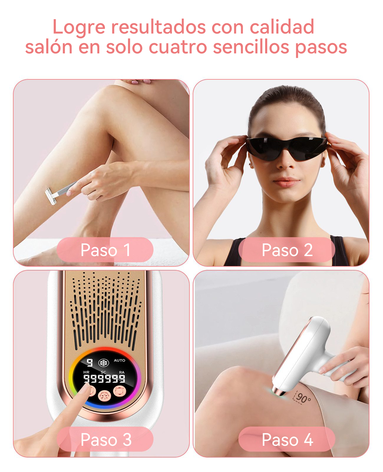 Cuatro pasos para calidad de salón: rasurar, gafas, dispositivo, aplicación.