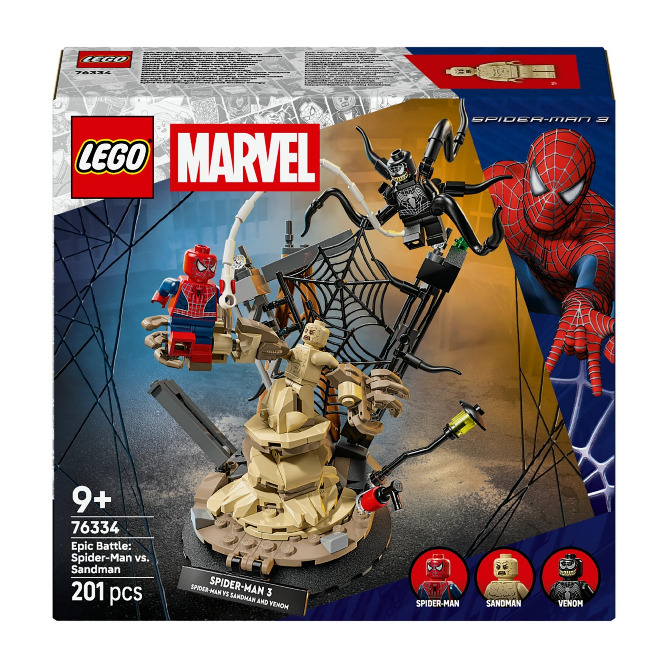Set LEGO Marvel Spider-Man vs. Sandman con figure di Spider-Man, Sandman e Venom.