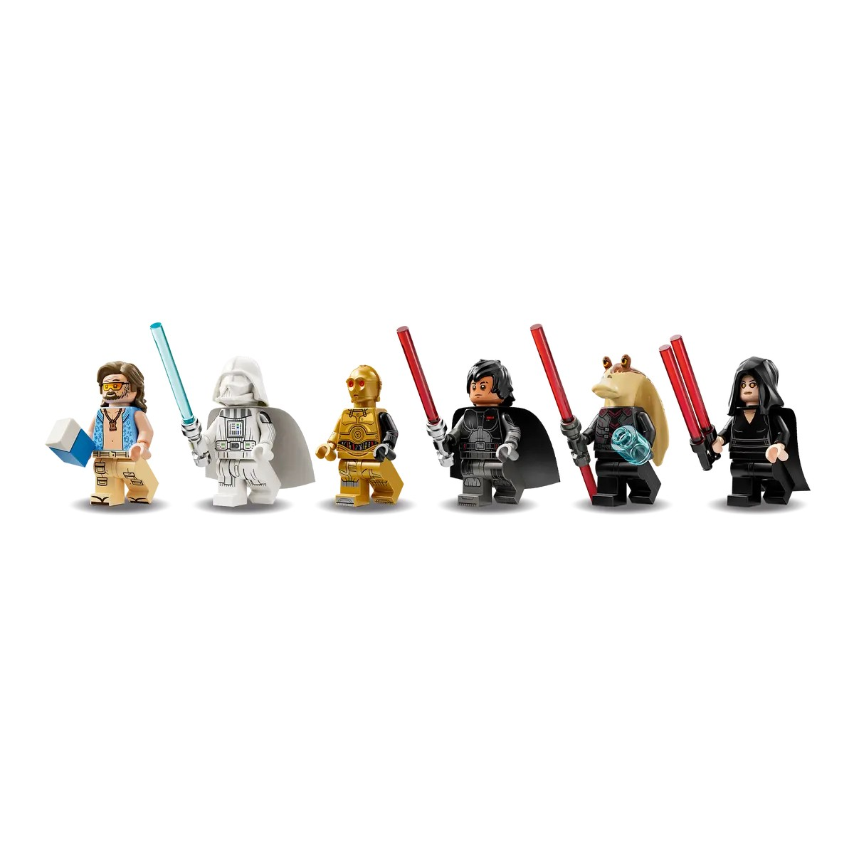 Sześć figurek Lego: Lando, Vader, C-3PO, Darth Maul, Jar Jar, Palpatine.