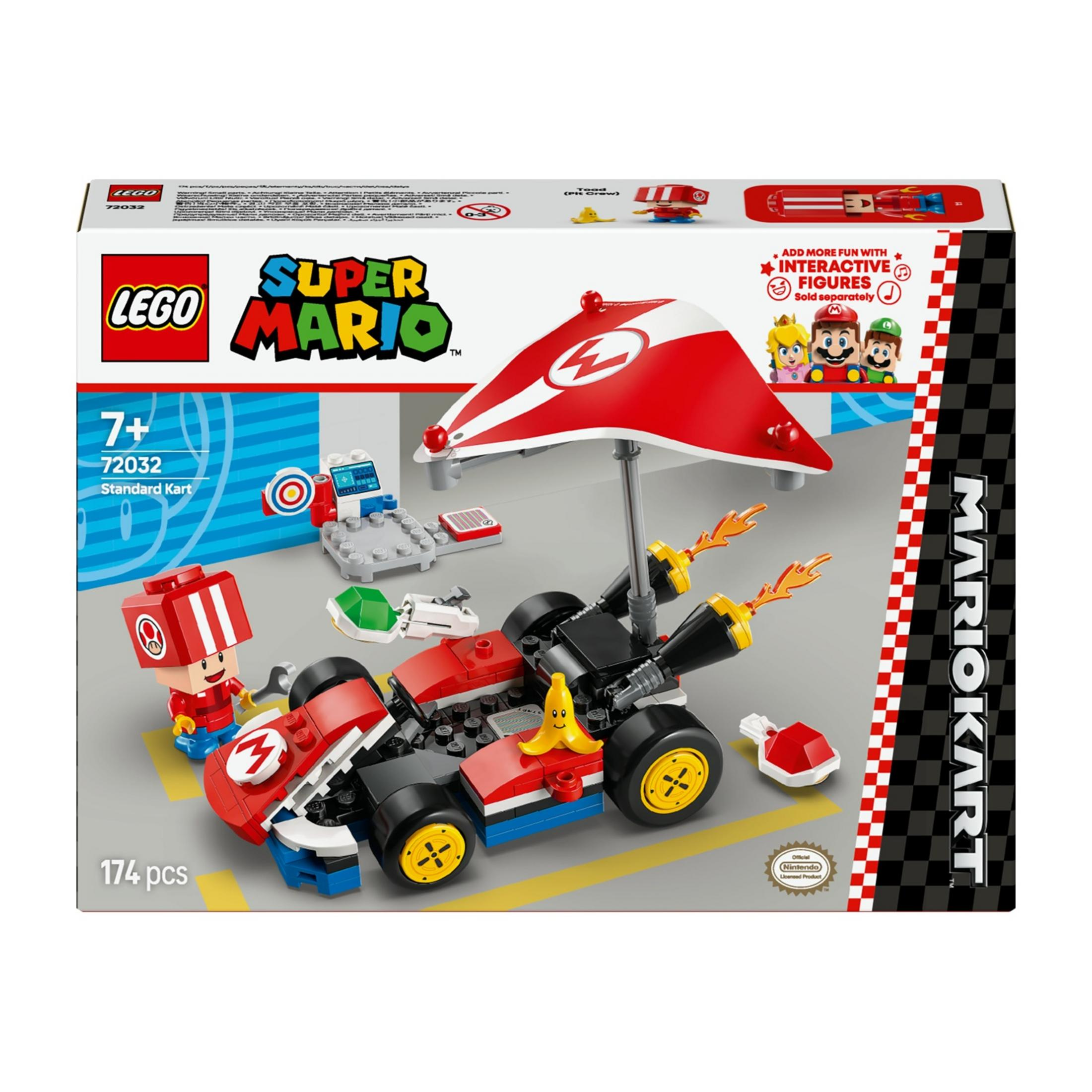 Set Lego Super Mario Kart Standard avec Mario, Toad et un kart rouge avec parasol.