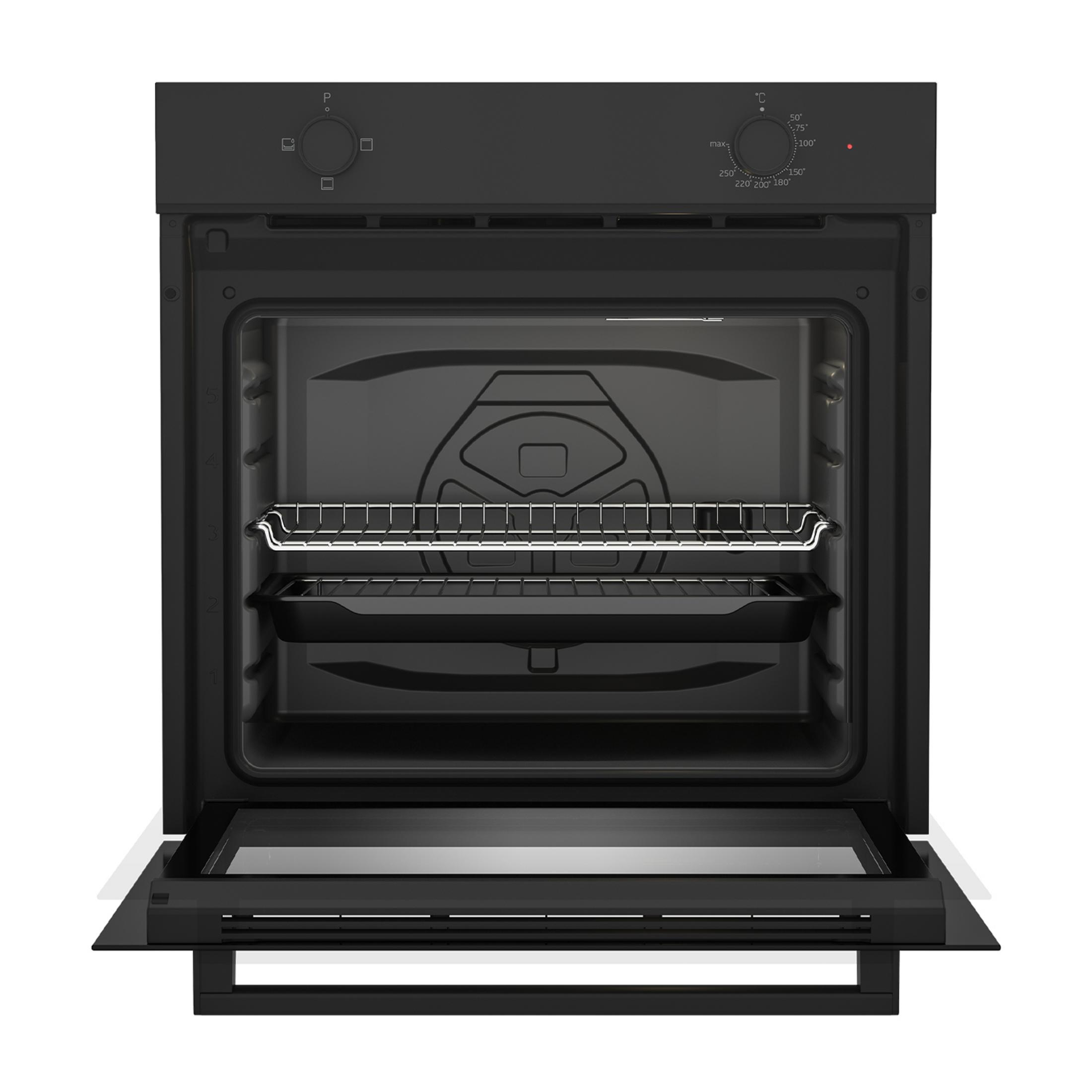 Un forno da incasso nero con porta aperta, che mostra una griglia e una teglia all'interno.