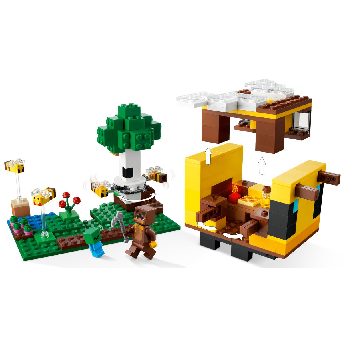 Set LEGO avec abeilles, arbre, figurine et ruche.