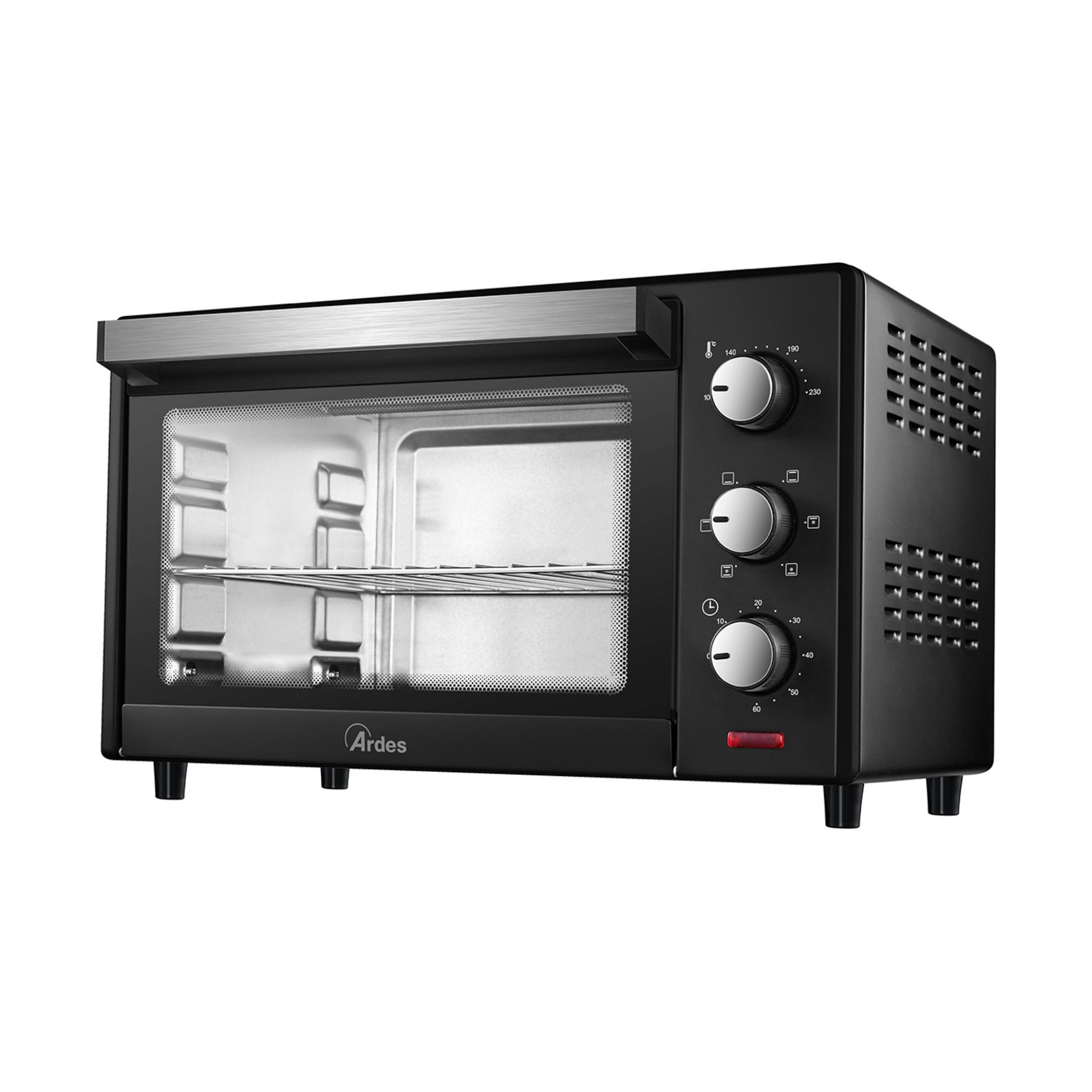 Czarny piekarnik stołowy z srebrną rączką i pokrętłami sterującymi.