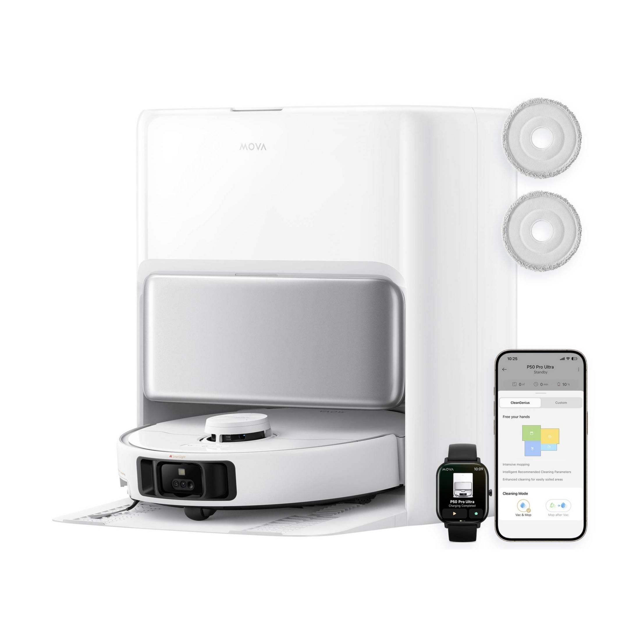 Biały robot sprzątający ze stacją ładującą, dwoma padami do mopowania i urządzeniami.