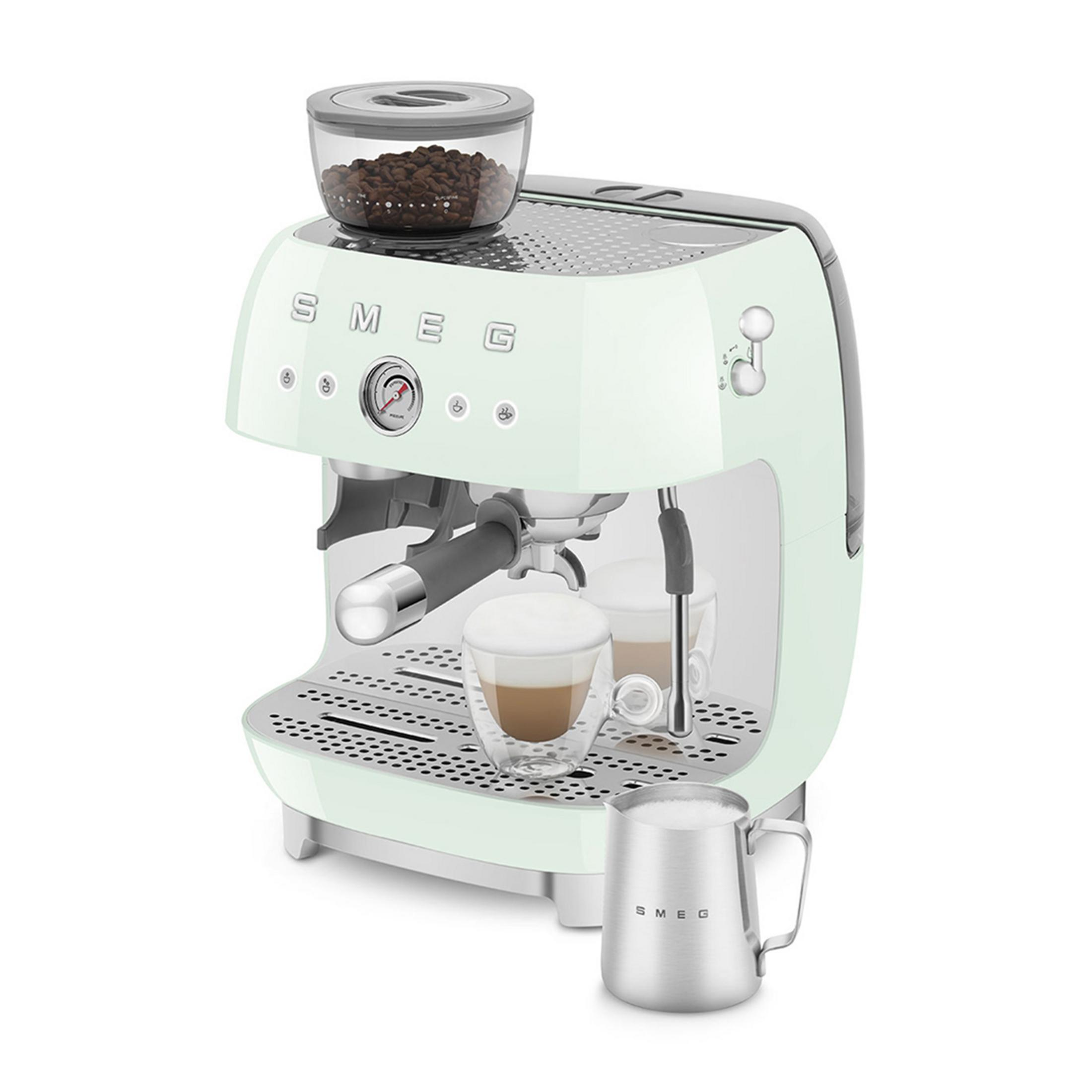 Eine hellgrüne Espressomaschine mit Kaffeebohnenbehälter und Milchkännchen.