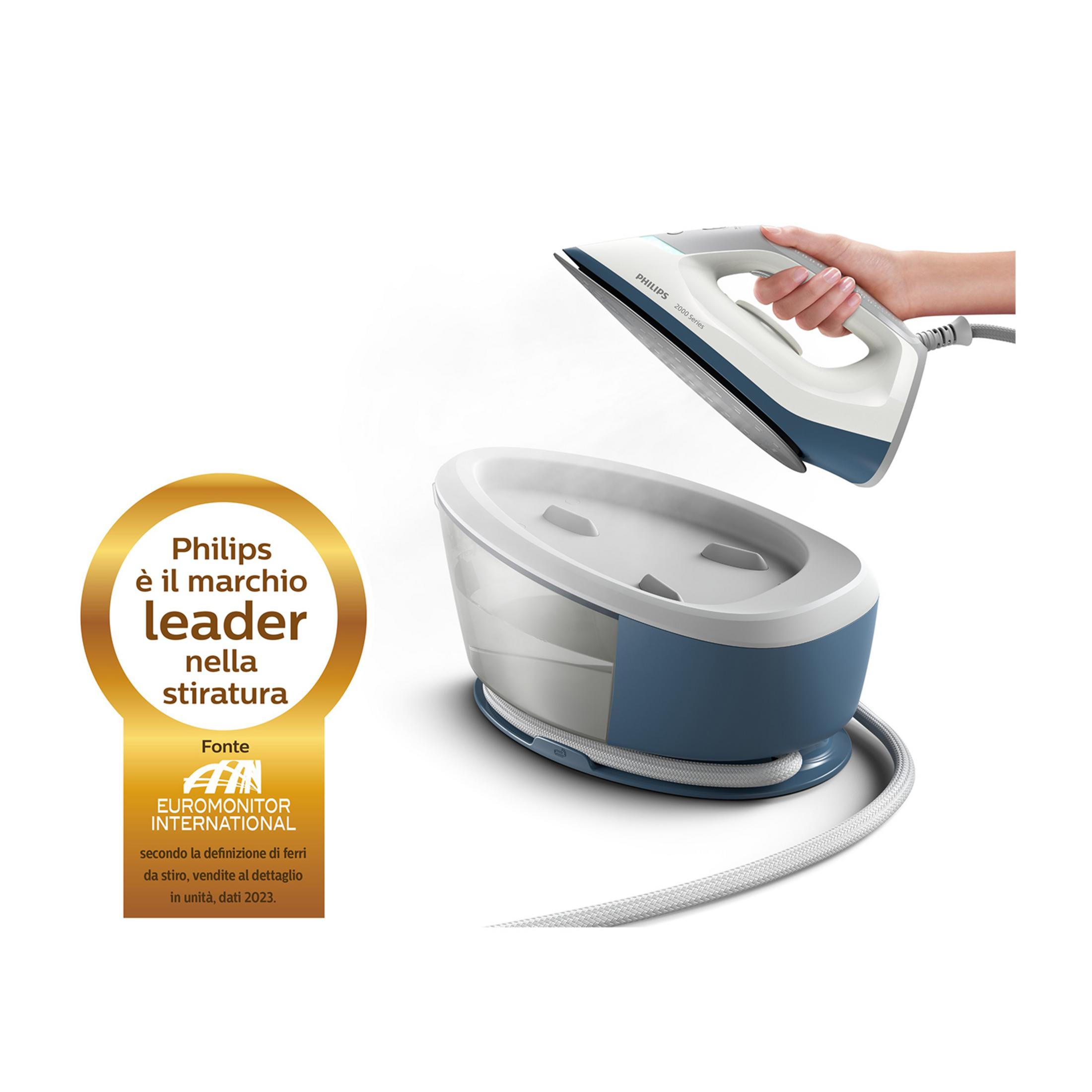 Dłoń trzyma żelazko Philips nad niebiesko-białą stacją do prasowania parowego.