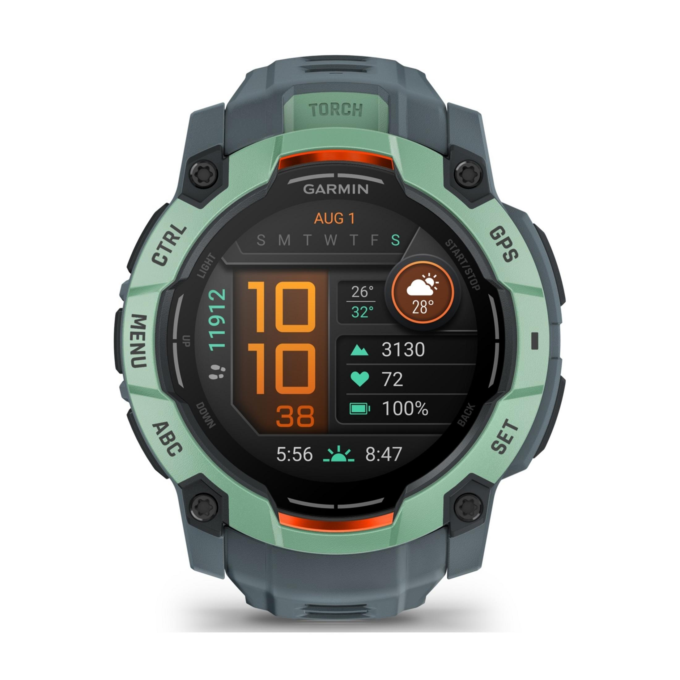 Szaro-zielony zegarek Garmin z ekranem dotykowym. Pokazuje godzinę, datę, pogodę, kroki, tętno i baterię.