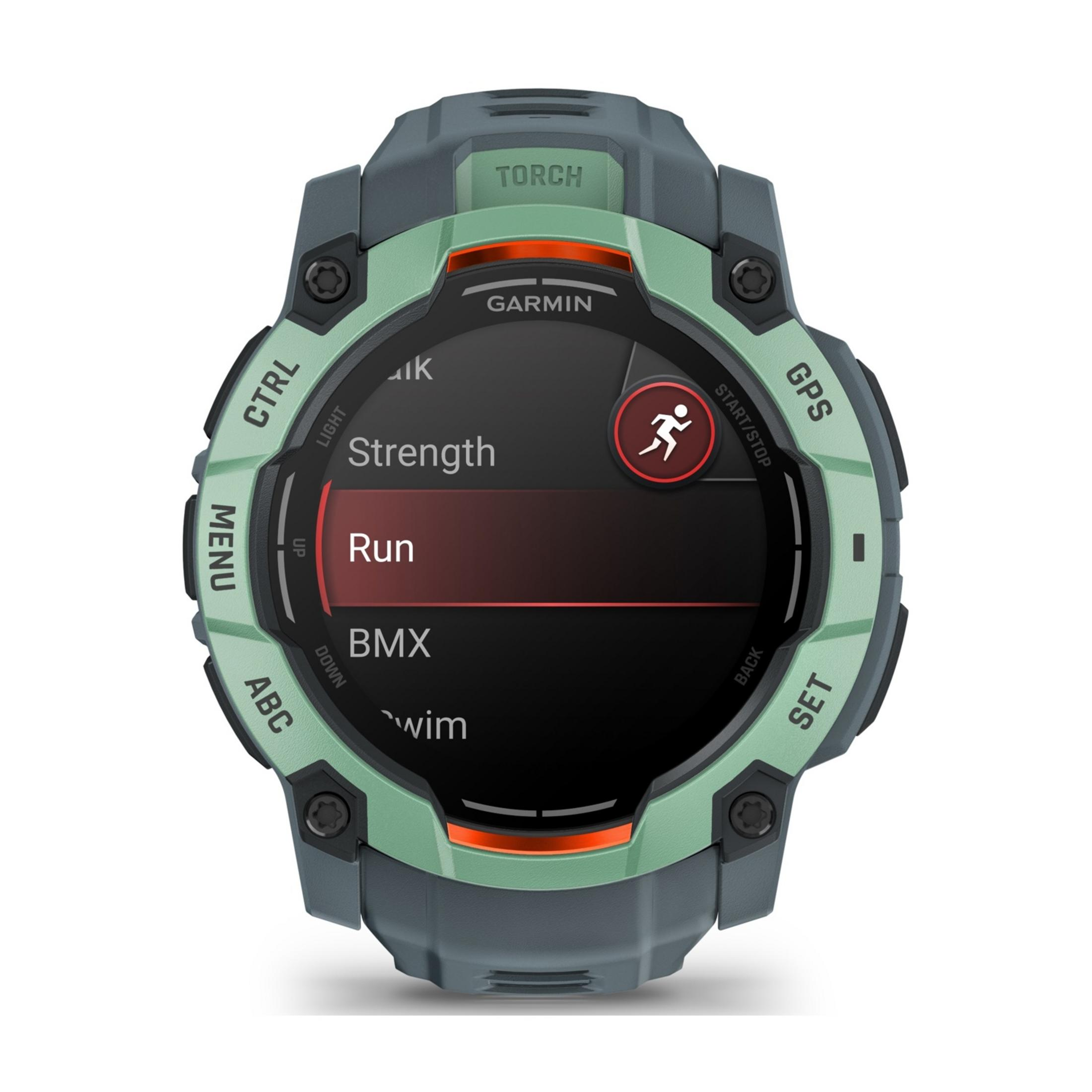 Szaro-zielony zegarek Garmin wyświetla opcję aktywności „Biegaj” na ekranie.