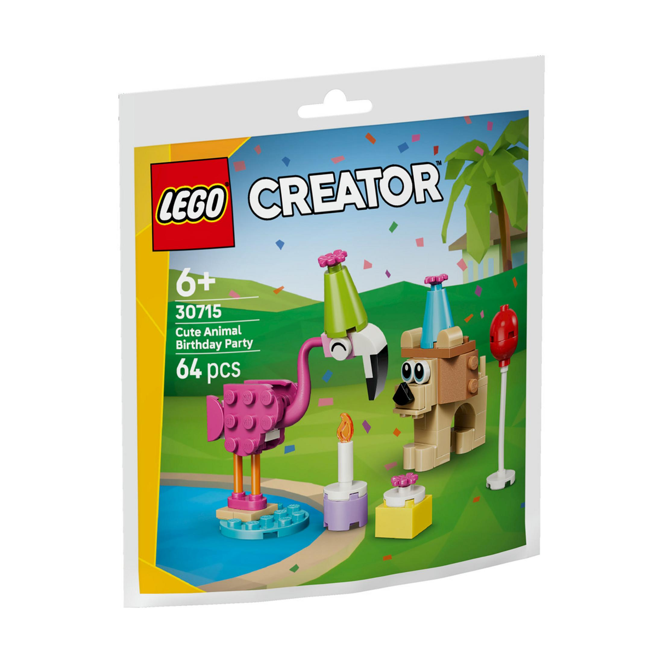 Un set de Lego con un flamenco rosa, un perro, pastel y confeti.