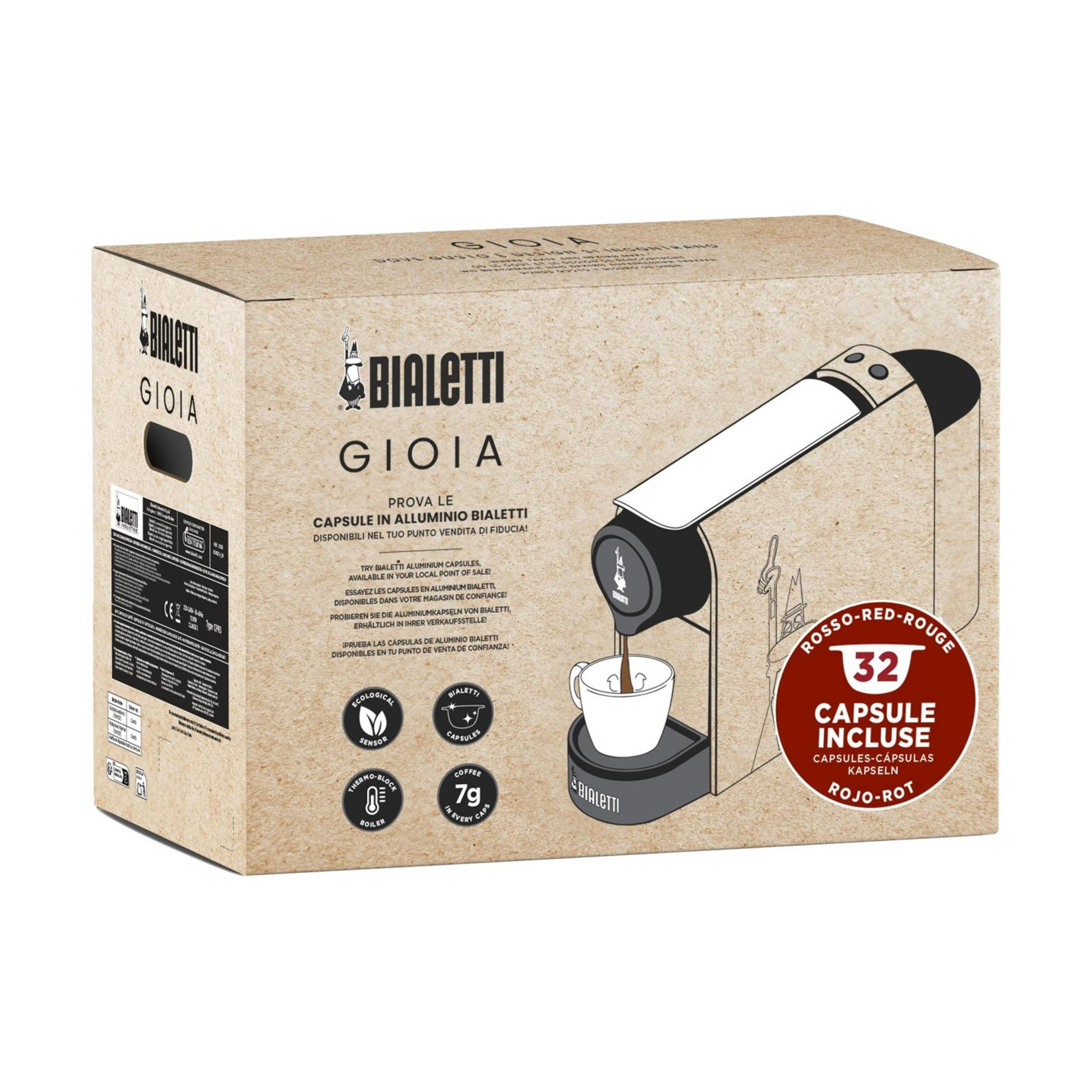 Macchina da caffè Bialetti Gioia su scatola di cartone con 32 capsule.