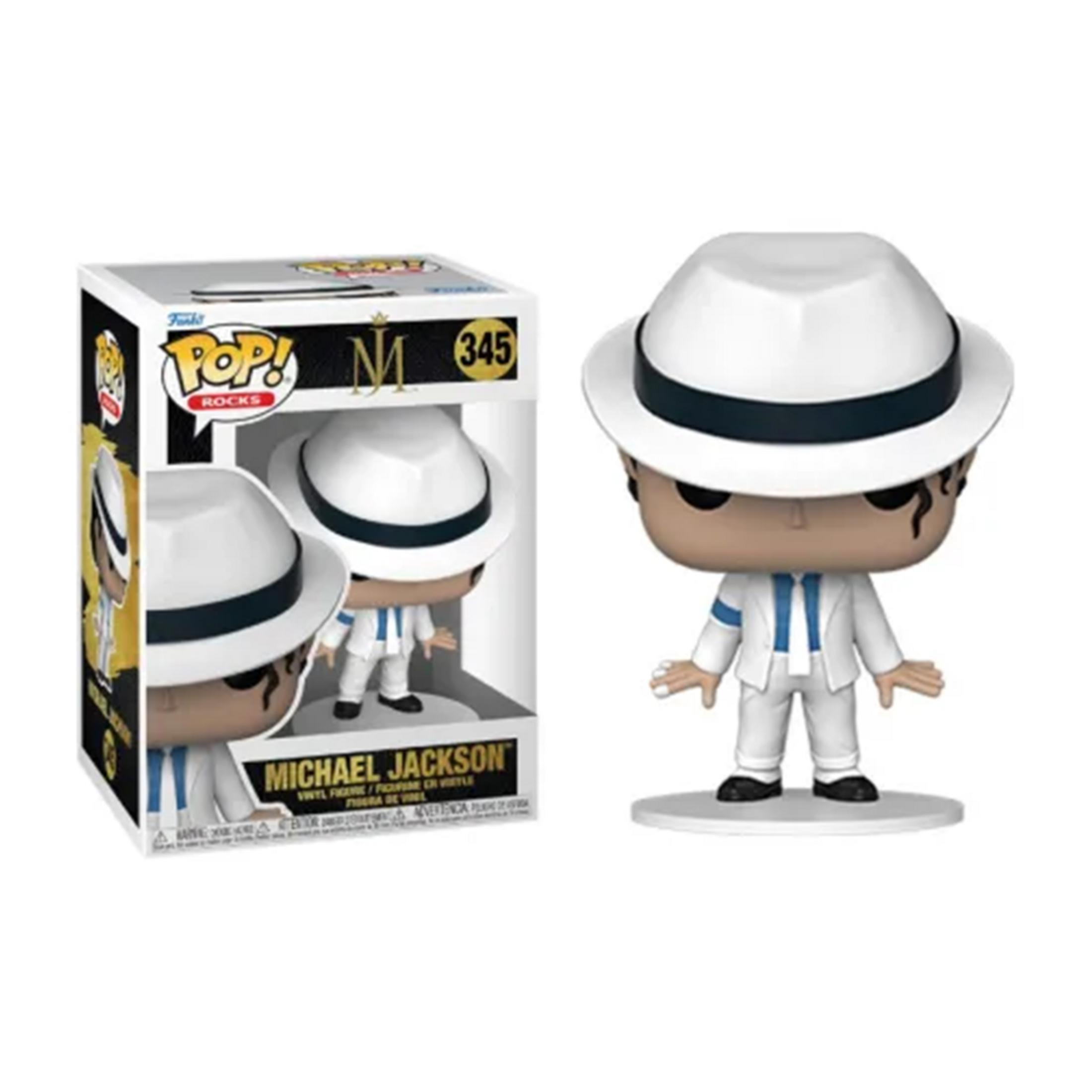 Figura Funko Pop de Michael Jackson con traje y sombrero blanco.