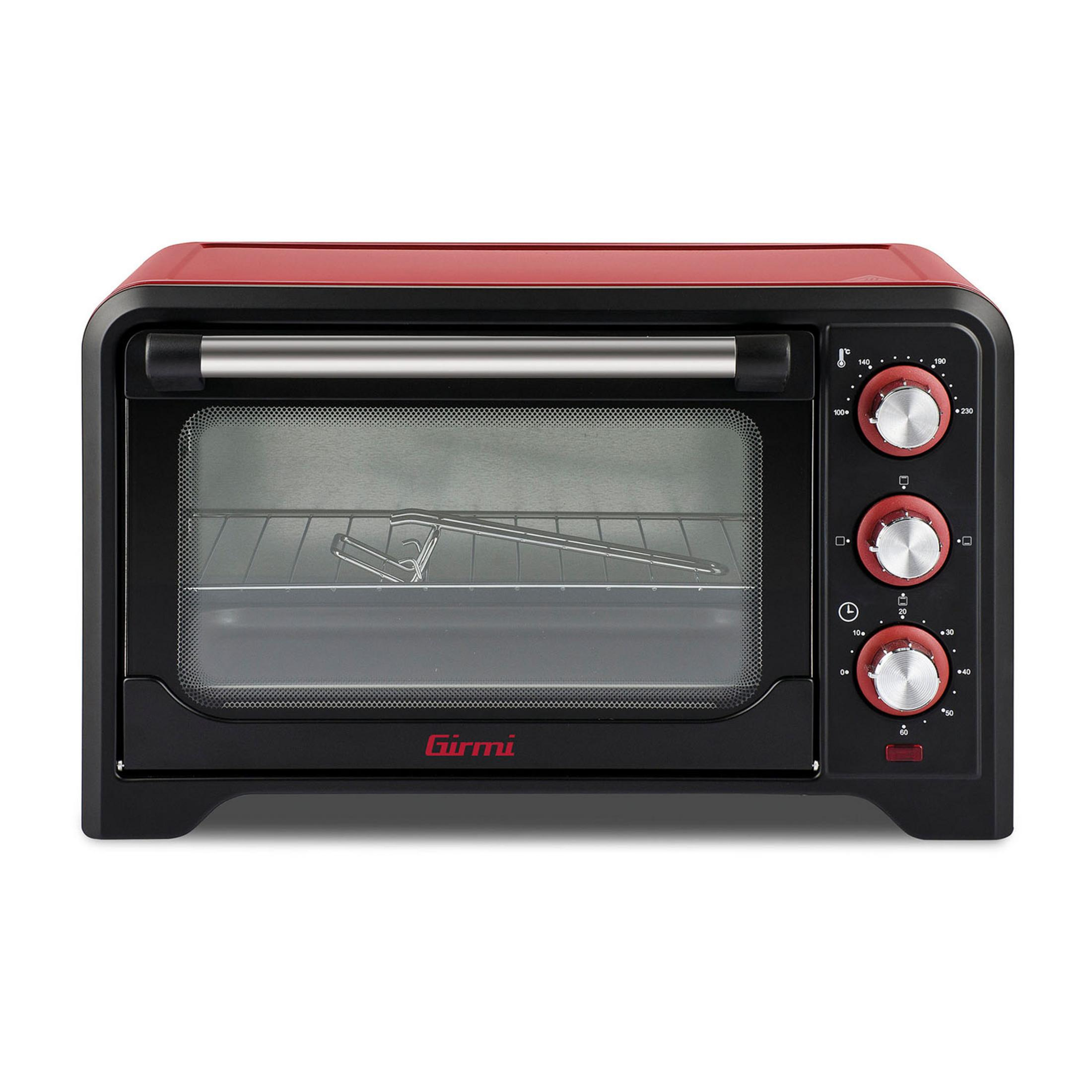 Mały czerwono-czarny piekarnik Girmi z srebrną rączką i pokrętłami.