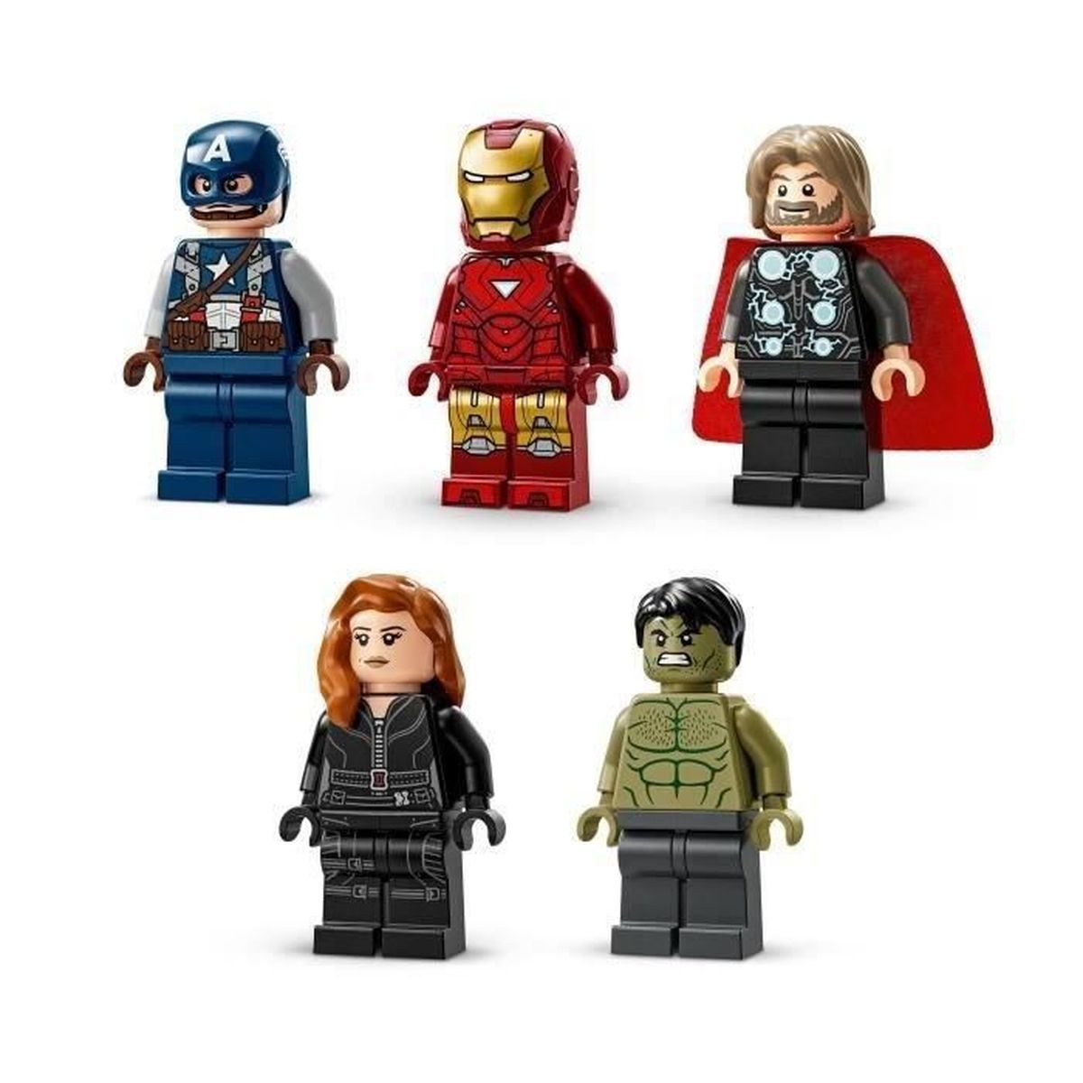 Pięć minifigurek superbohaterów Marvela: Kapitan Ameryka, Iron Man, Thor, Czarna Wdowa, Hulk.