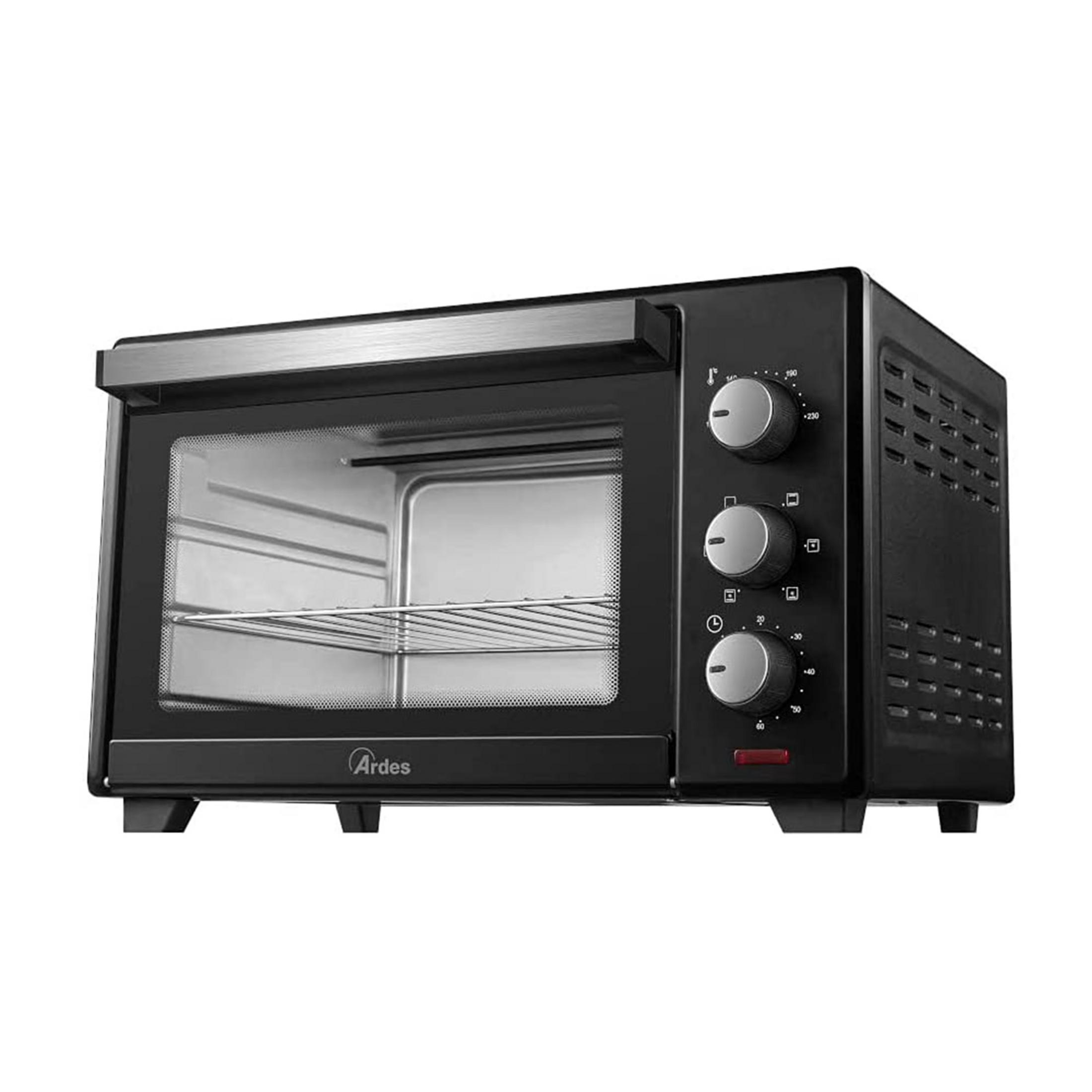 Czarny piekarnik stołowy z srebrną rączką i trzema pokrętłami.