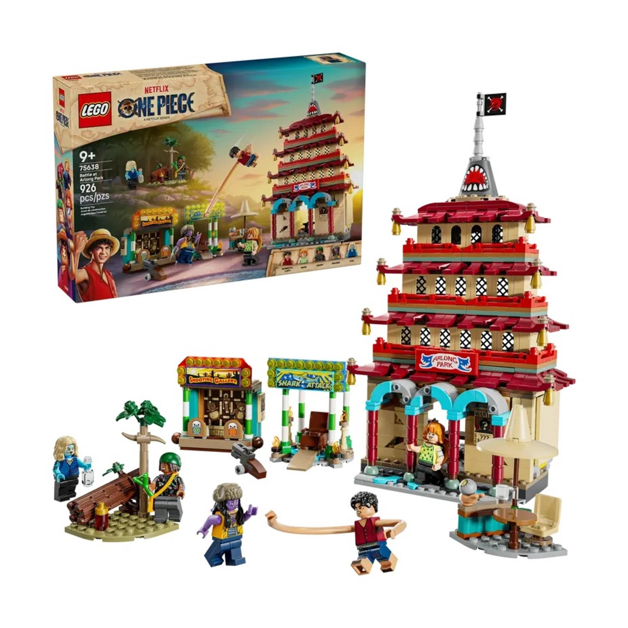 LEGO One Piece Arlong Park seti figürler, binalar ve yüksek pagoda ile.