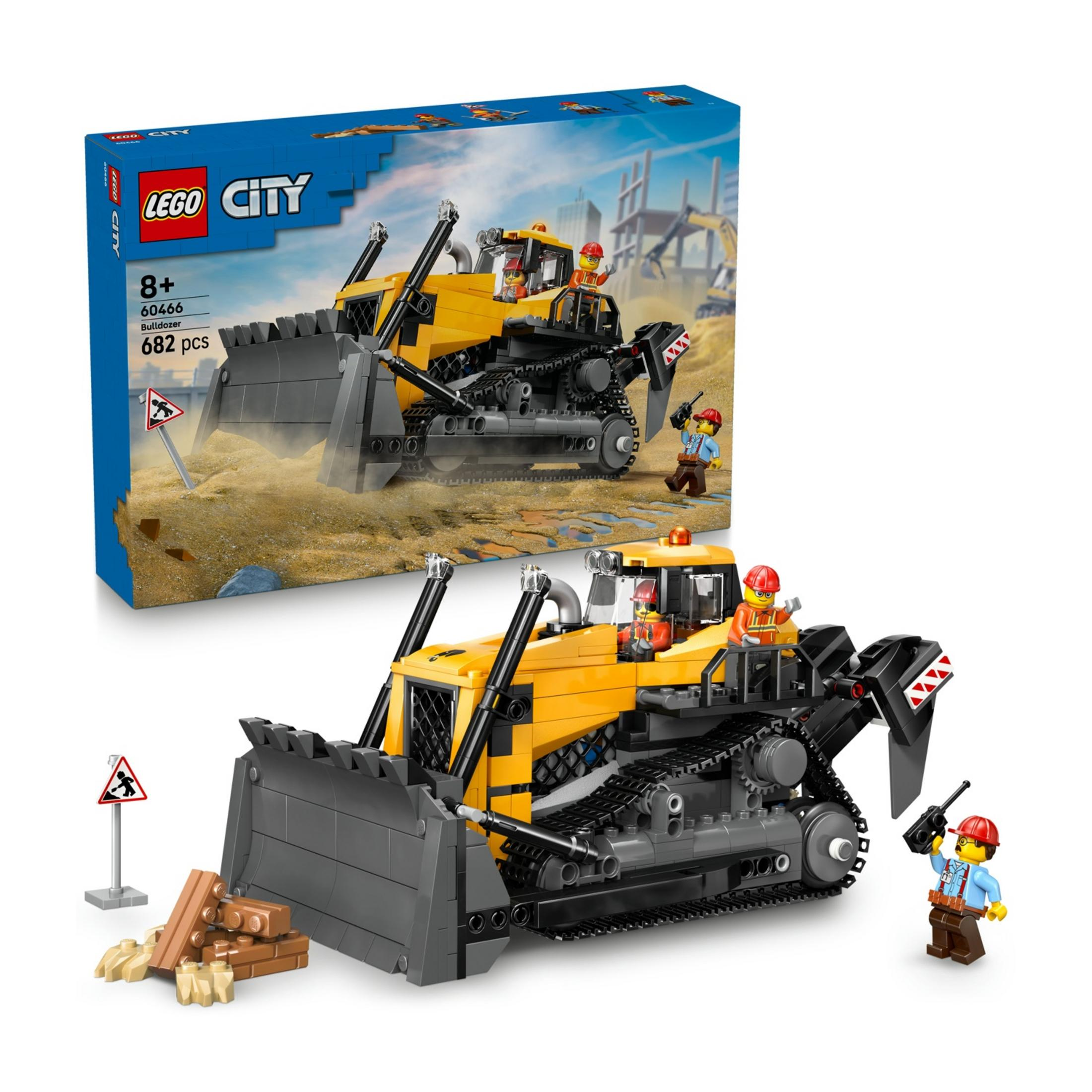 Żółty buldożer LEGO z dwiema minifigurkami i sceną budowy na pudełku.