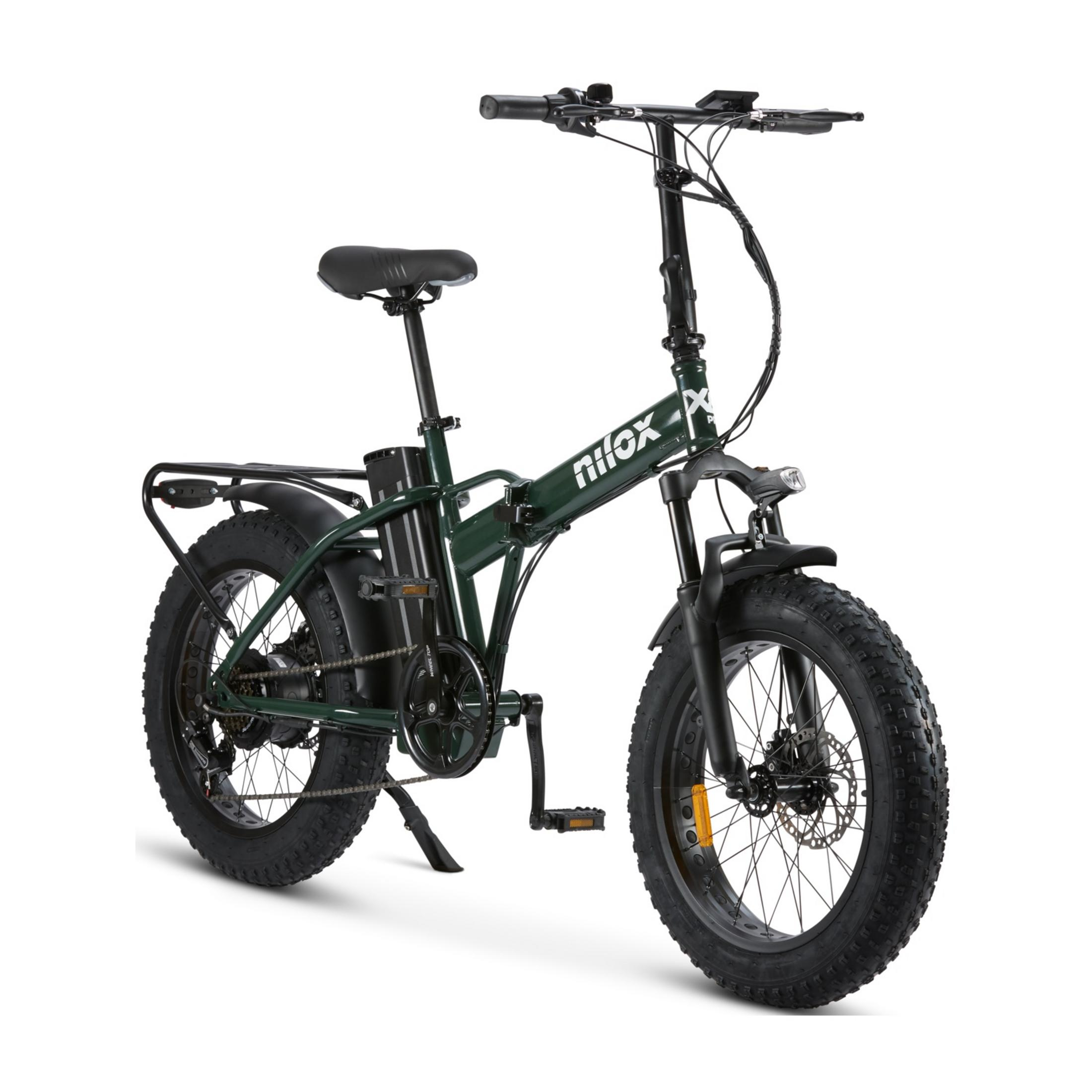 Ciemnozielony składany rower elektryczny z grubymi oponami.