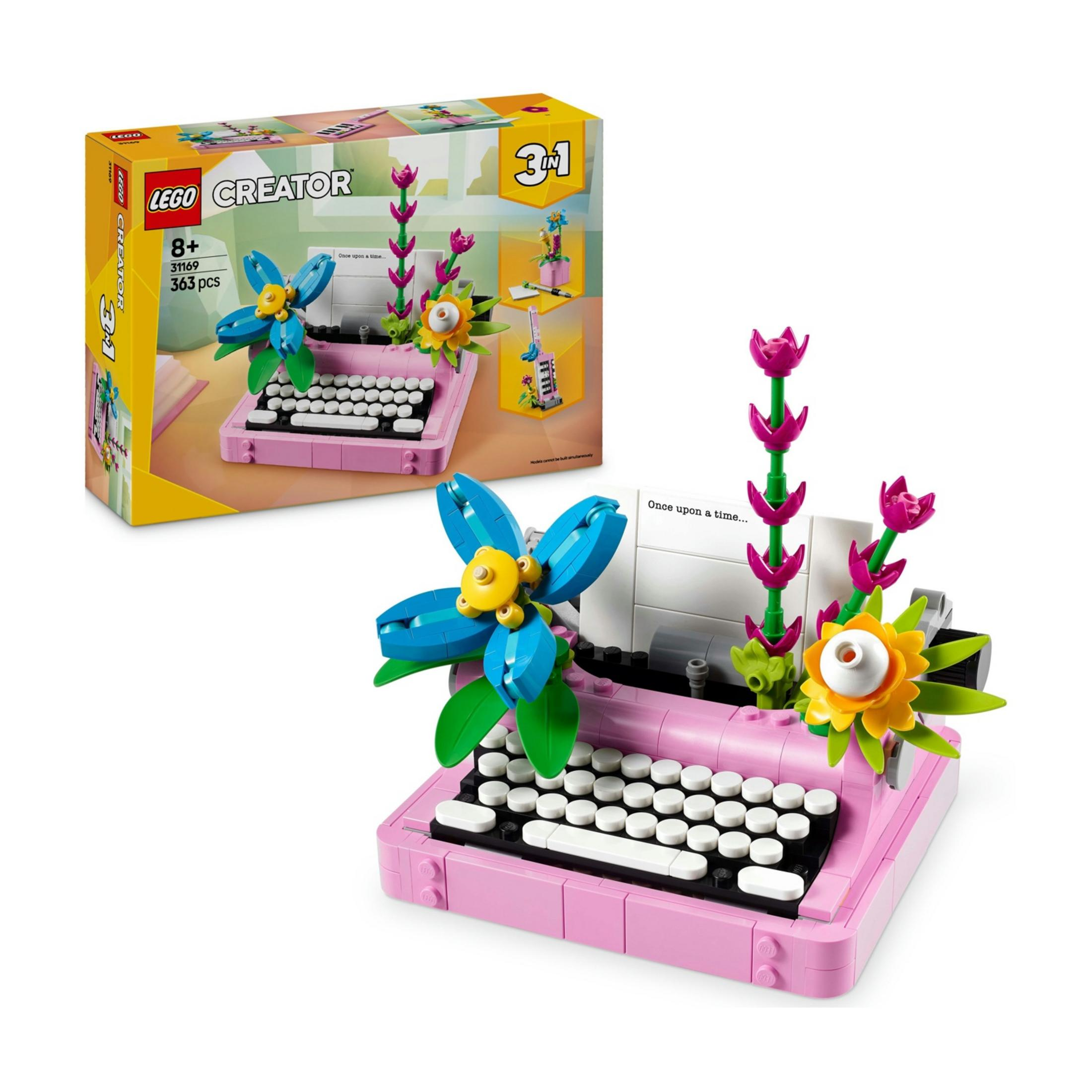 Un set de construcción LEGO de máquina de escribir rosa con flores.