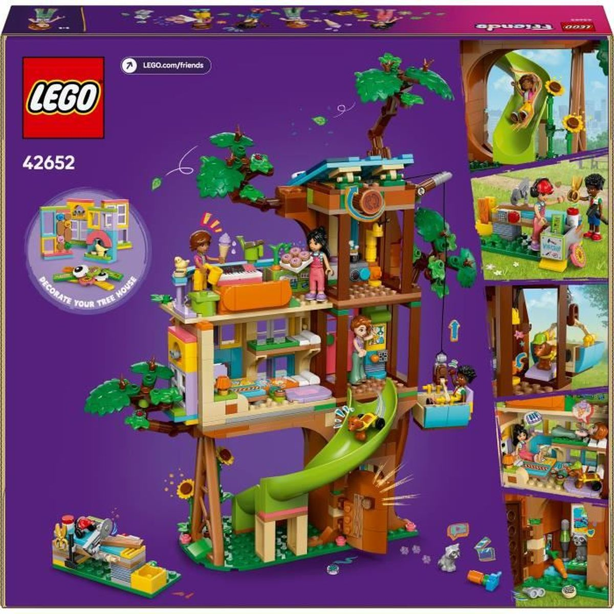 Domek na drzewie LEGO Friends ze zjeżdżalnią, figurkami i akcesoriami na fioletowym opakowaniu.