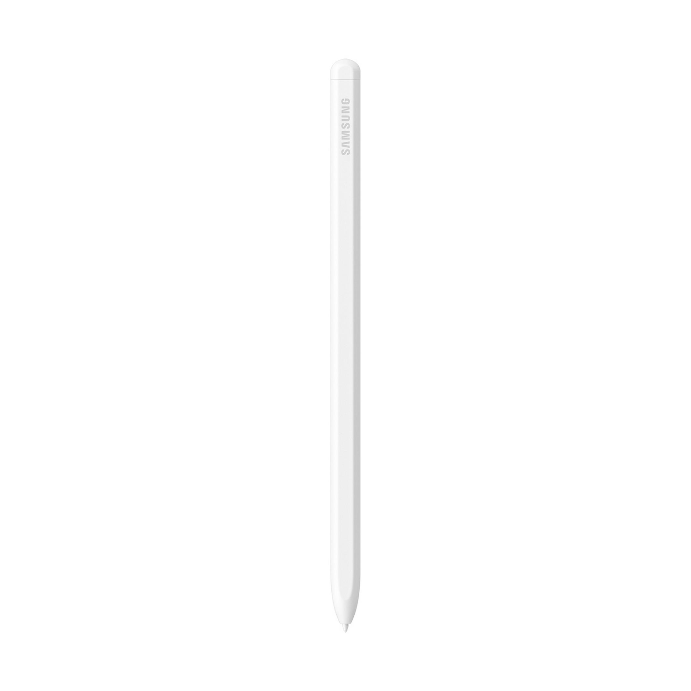 Una penna stilo Samsung bianca su sfondo bianco.