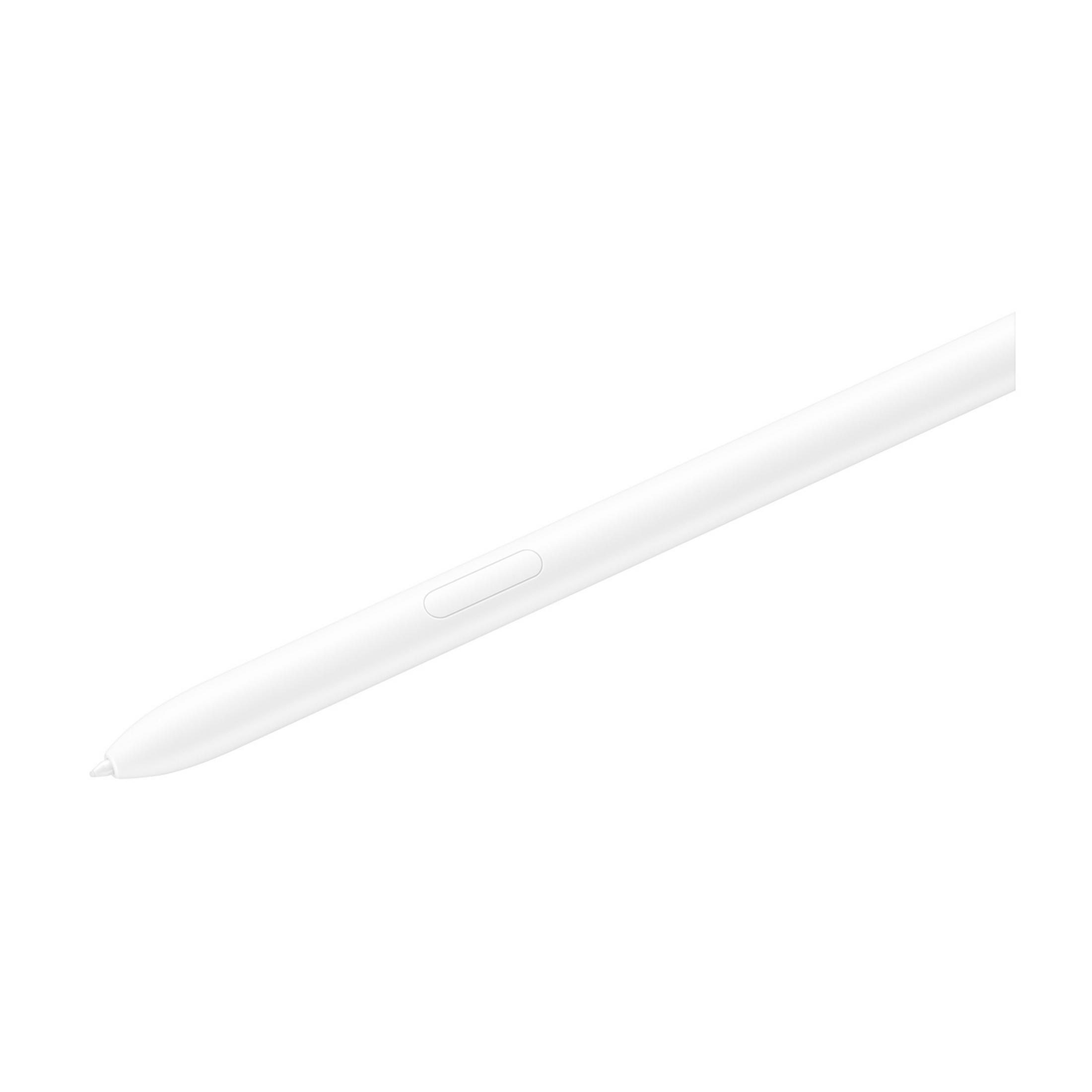Una penna stilo bianca con un pulsante su sfondo bianco.