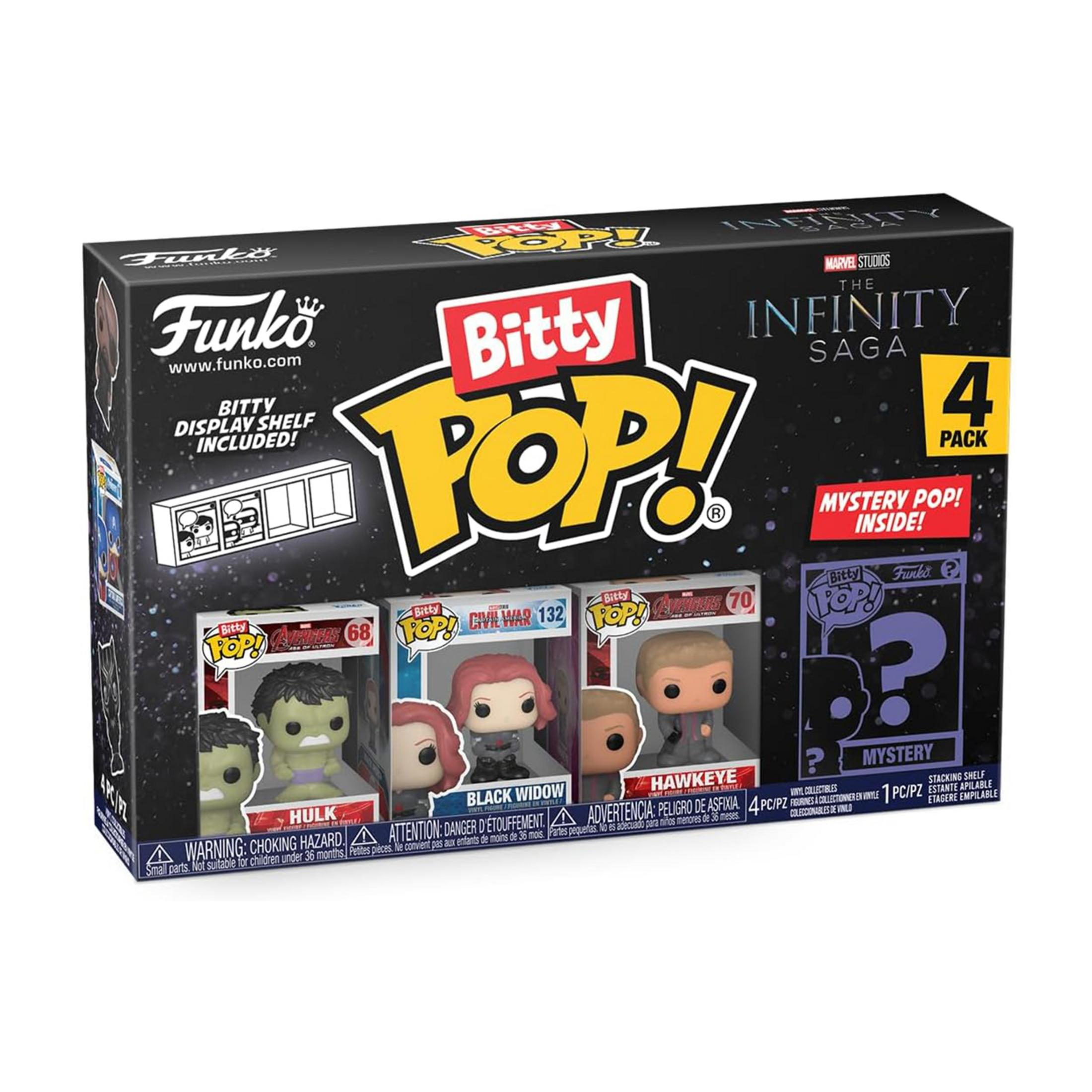 Funko Bitty Pop! Pacco da 4 con Hulk, Vedova Nera, Occhio di Falco e un pop misterioso.