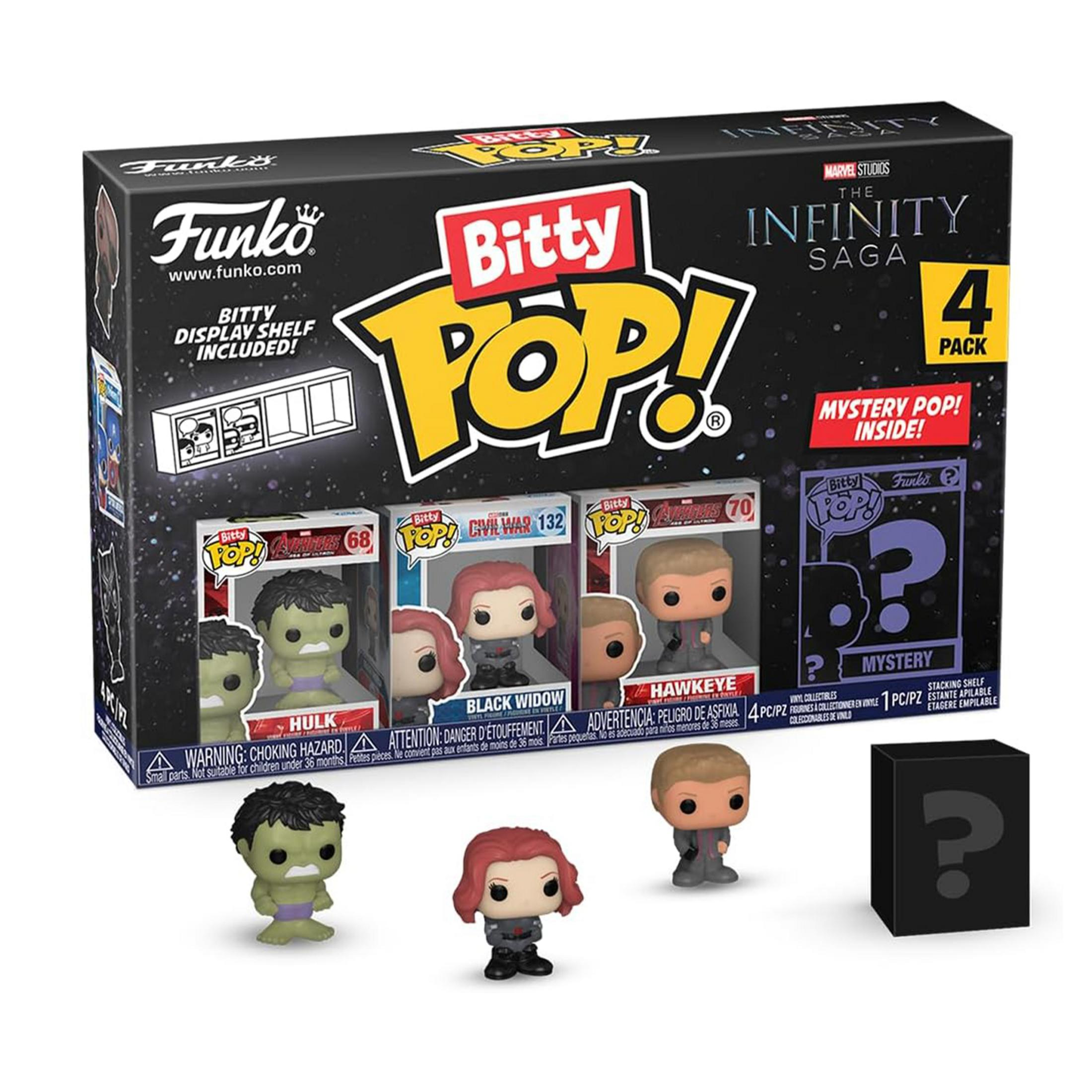 Funko Bitty Pop! Saga dell'Infinito confezione da 4 con Hulk, Vedova Nera, Occhio di Falco e Mystery Pop.