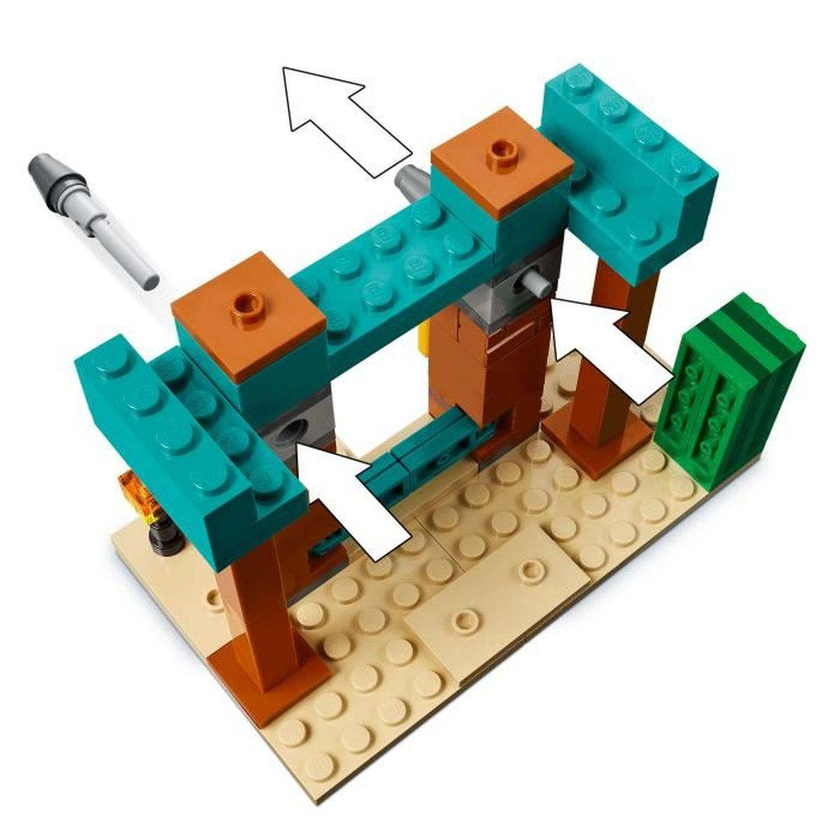 Een Lego-model met zandkleurige basis en bruine en turkooizen stenen.
