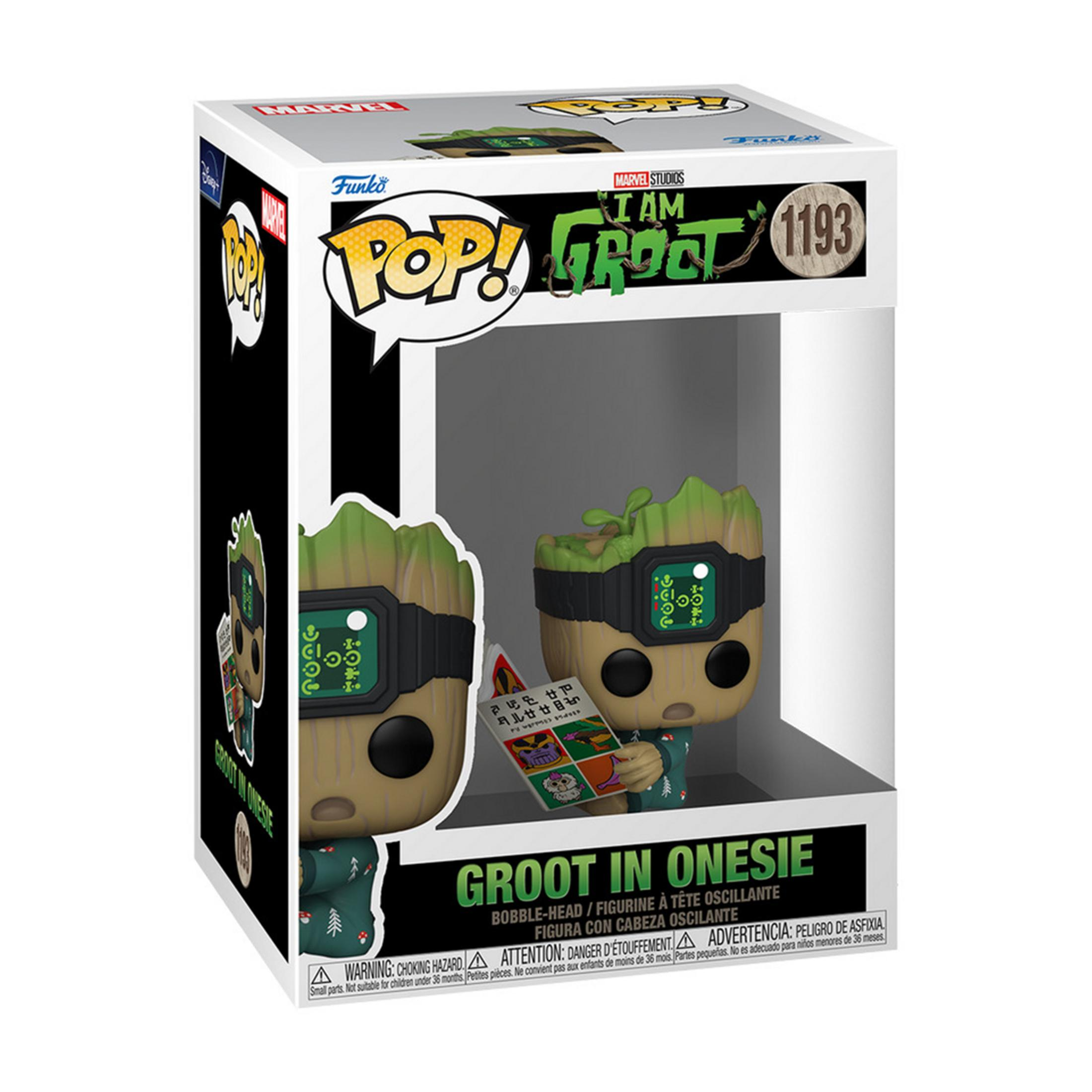 Statua Funko Pop! di Groot in pigiama che tiene un libro. Numero 1193.
