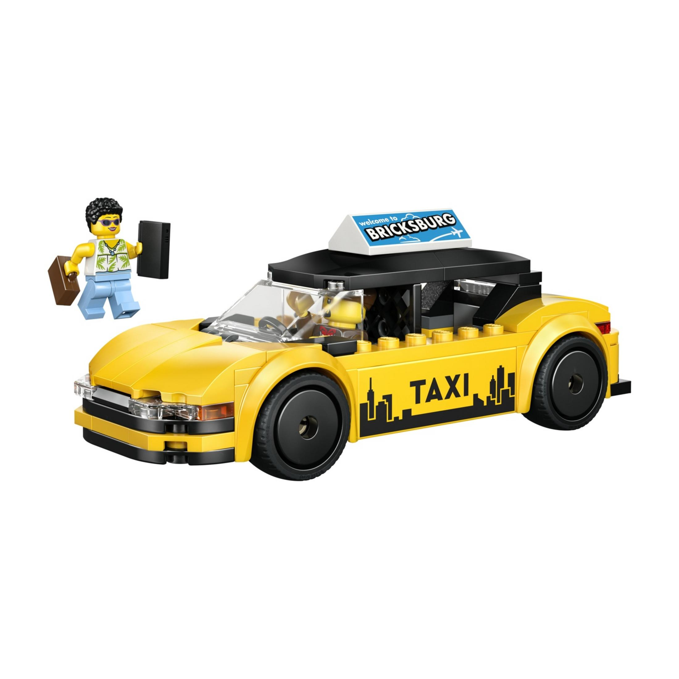 Taxi Lego giallo con figure, valigia e cartello "Welcome to Bricksburg".