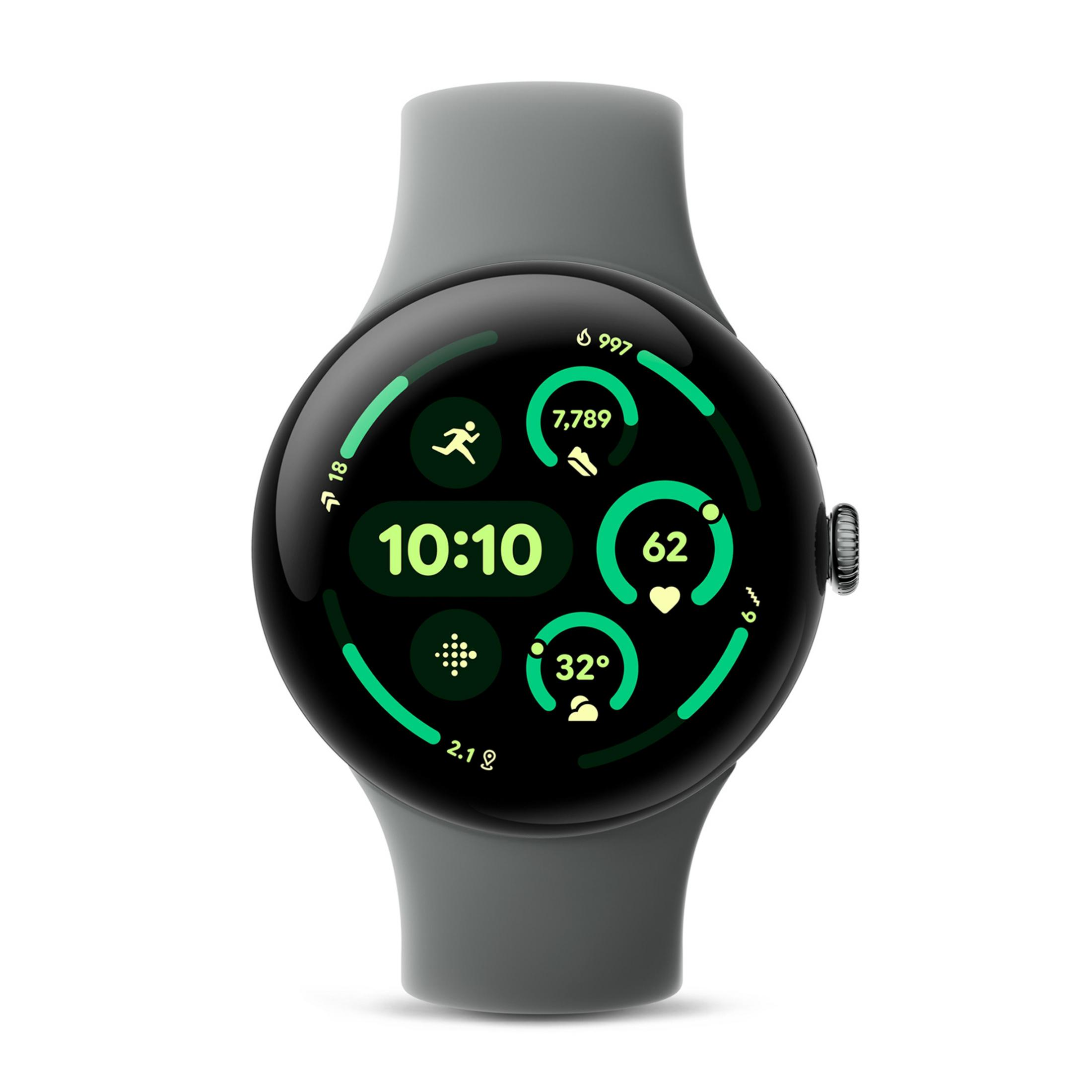 Szara smartwatch wyświetla 10:10, kroki, tętno, temperaturę i inne dane.