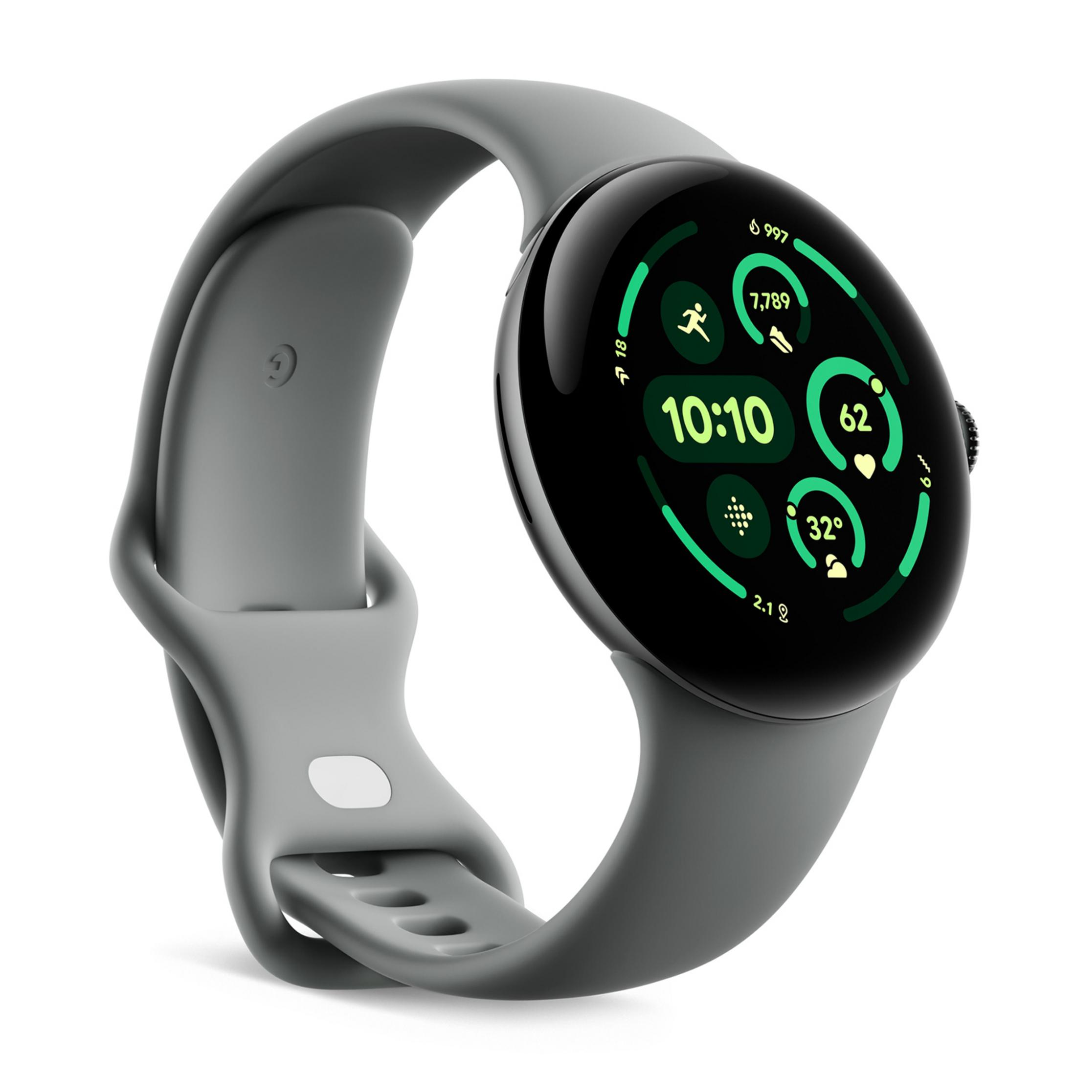 Szara inteligentna opaska z okrągłym wyświetlaczem pokazującym czas, kroki, tętno i temperaturę.