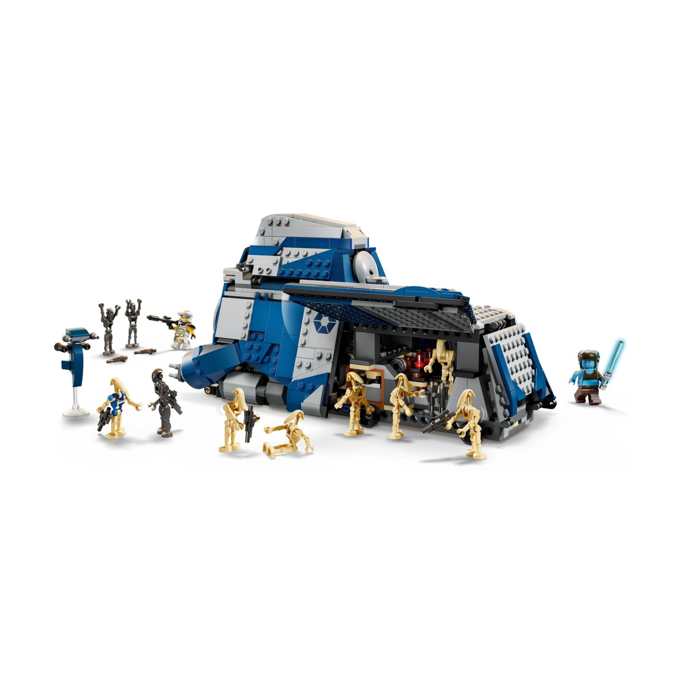 Niebiesko-szary pojazd Lego z wieloma figurkami.