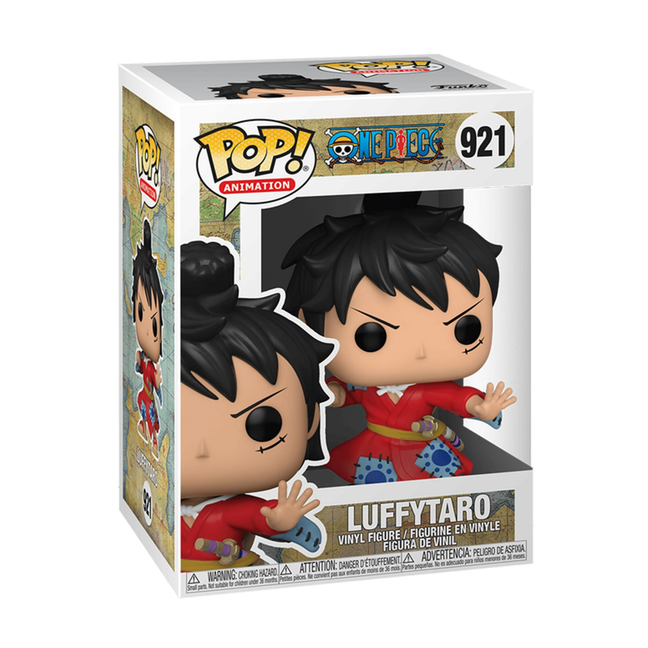 Action figure Funko Pop! LuffyTaro di One Piece, in kimono rosso con capelli neri.