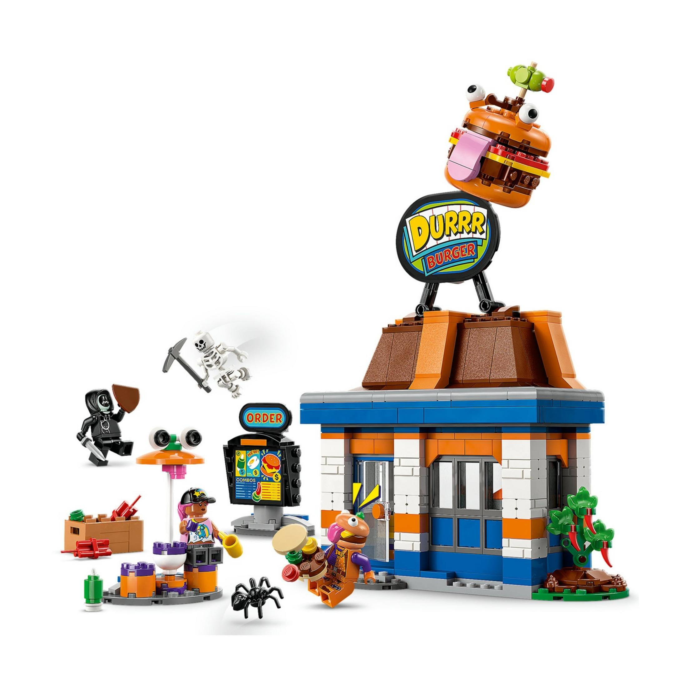 Tienda Lego Durrr Burger con personajes, esqueleto y araña.