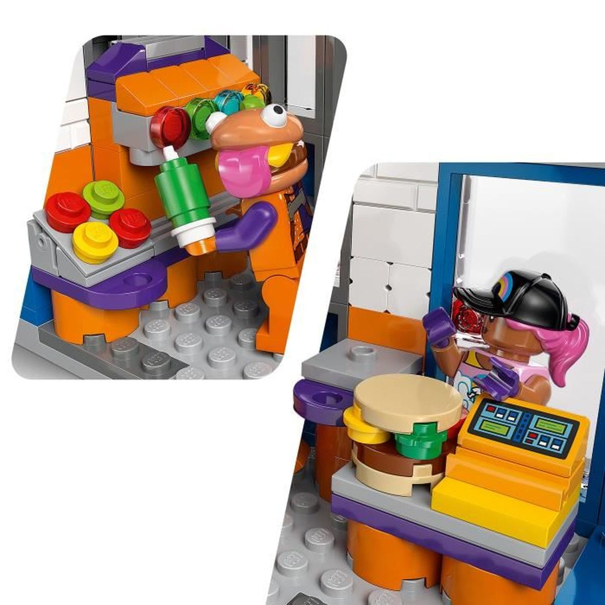 Lego figürleri renkli malzemelerle işlek bir yemek standında burger ve patates kızartması hazırlıyor.