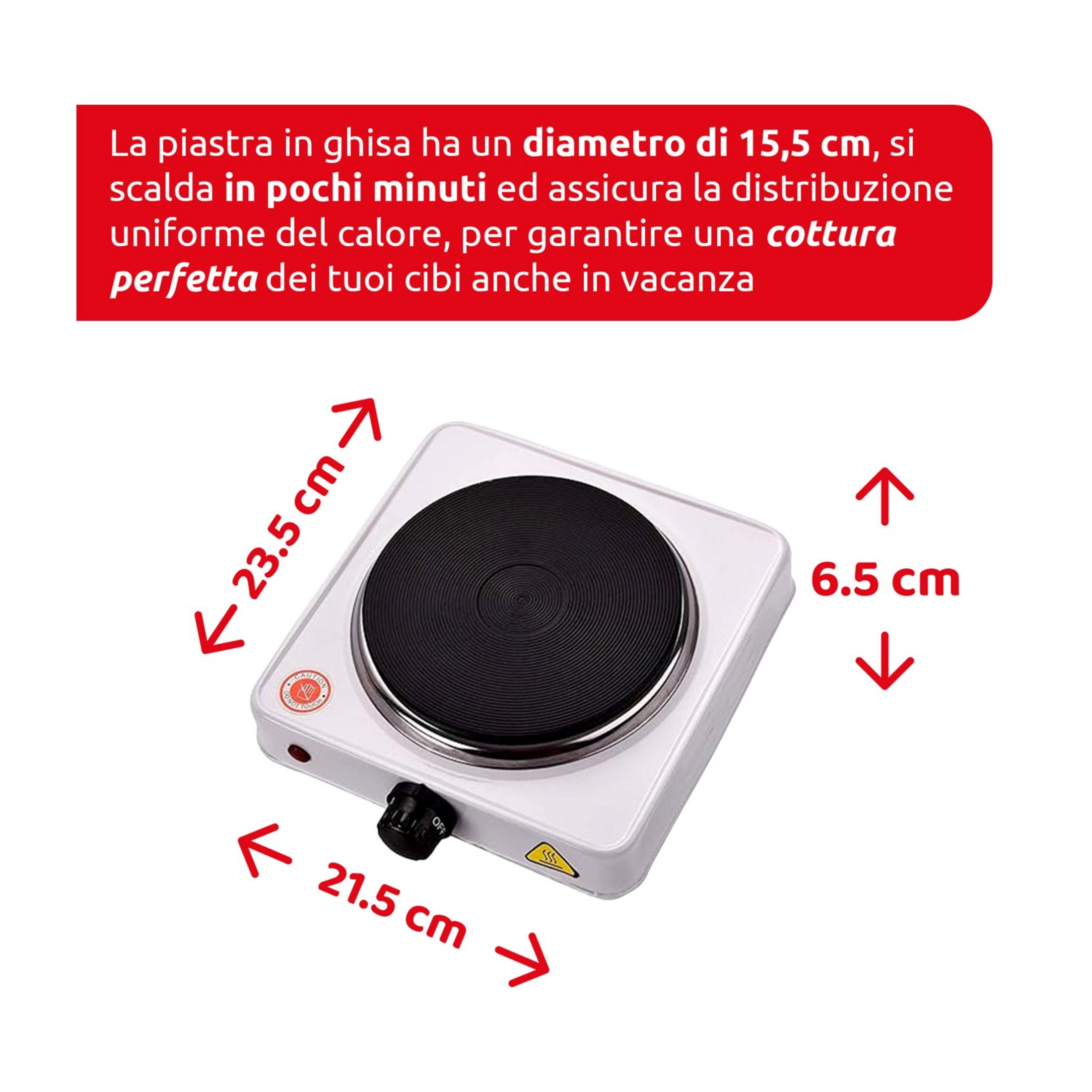 Biała płyta elektryczna z czarną grzałką, wymiary 23,5x21,5x6,5cm.