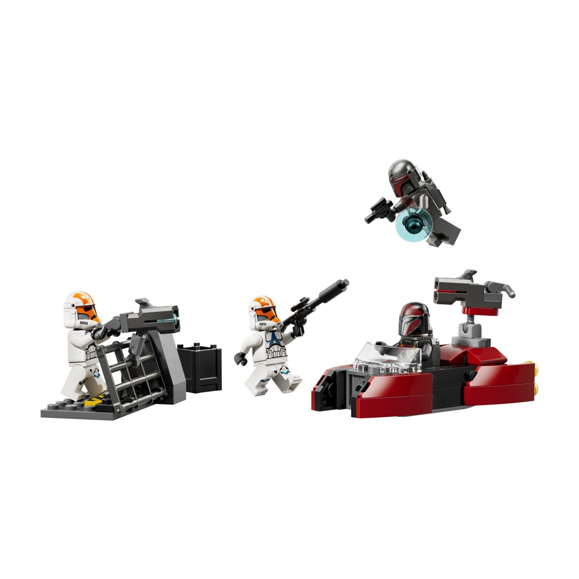 Figuras LEGO en blanco-naranja y negro-rojo con vehículos y armas.