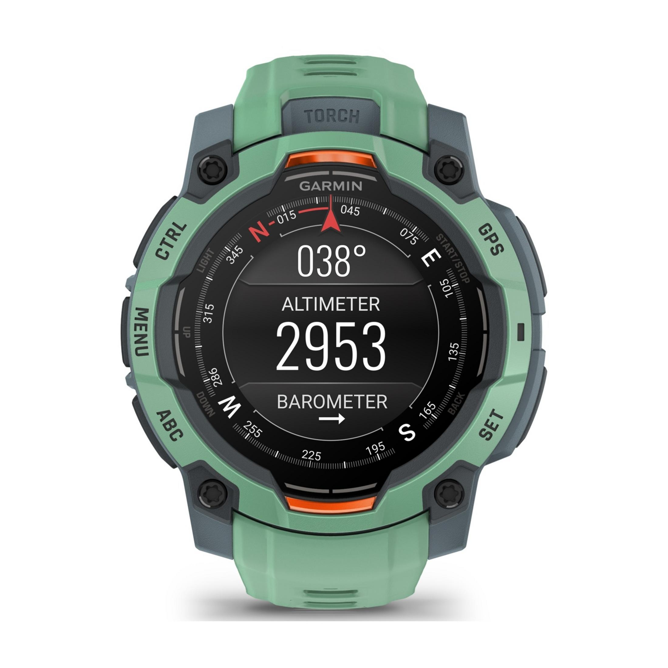 Zielony smartwatch Garmin z czarnym wyświetlaczem pokazującym wysokość i barometr.