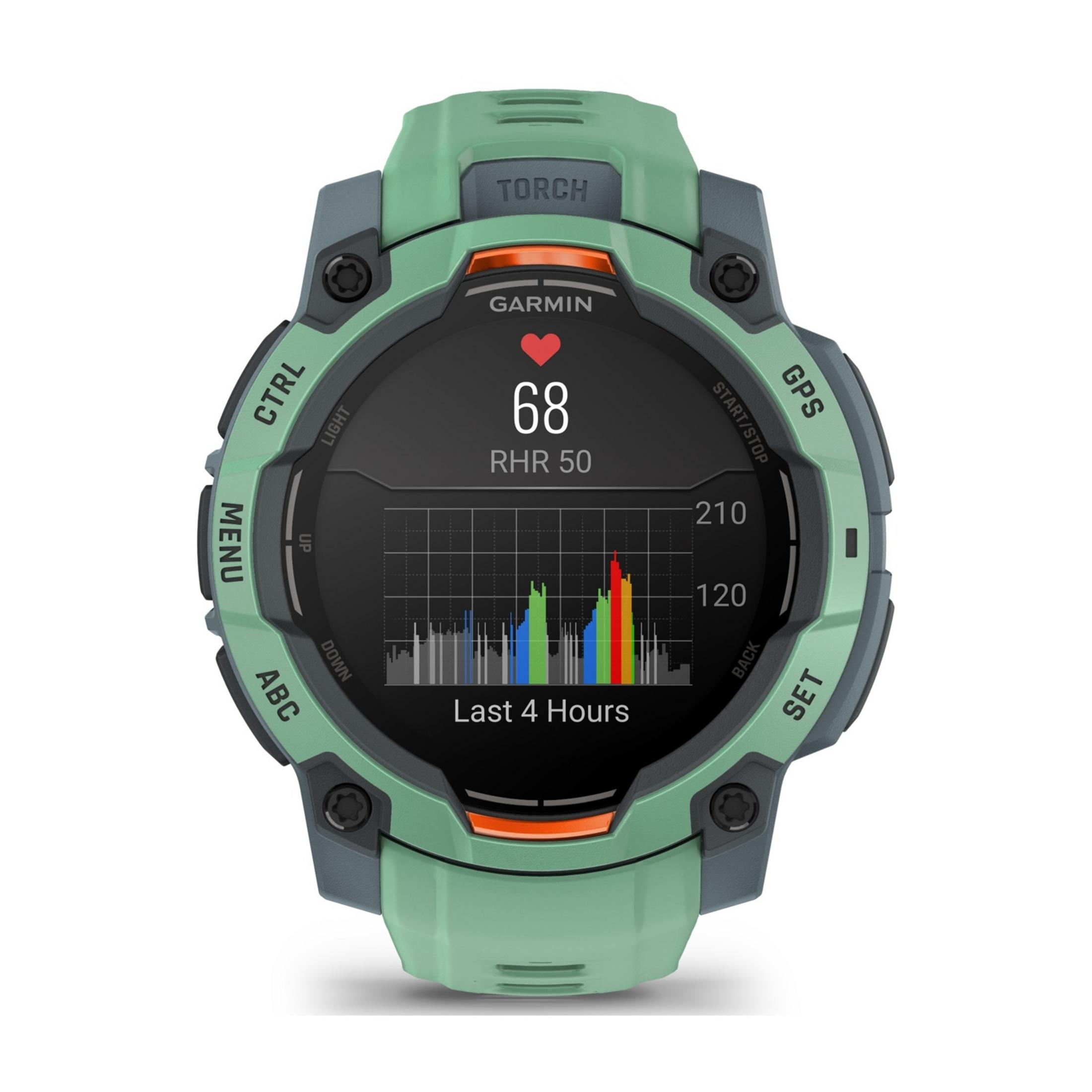 Zielony smartwatch Garmin wyświetlający wykres tętna i przyciski.