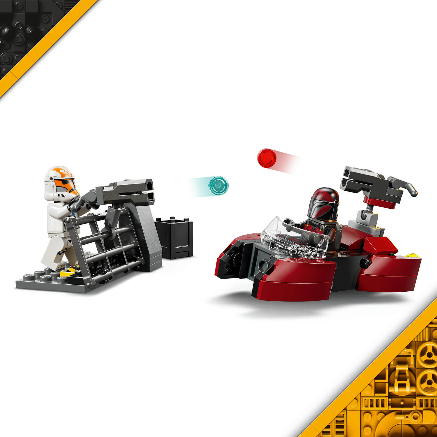 Un Mandalorian de Lego en un speeder rojo se enfrenta a un soldado clon de Lego que le dispara.