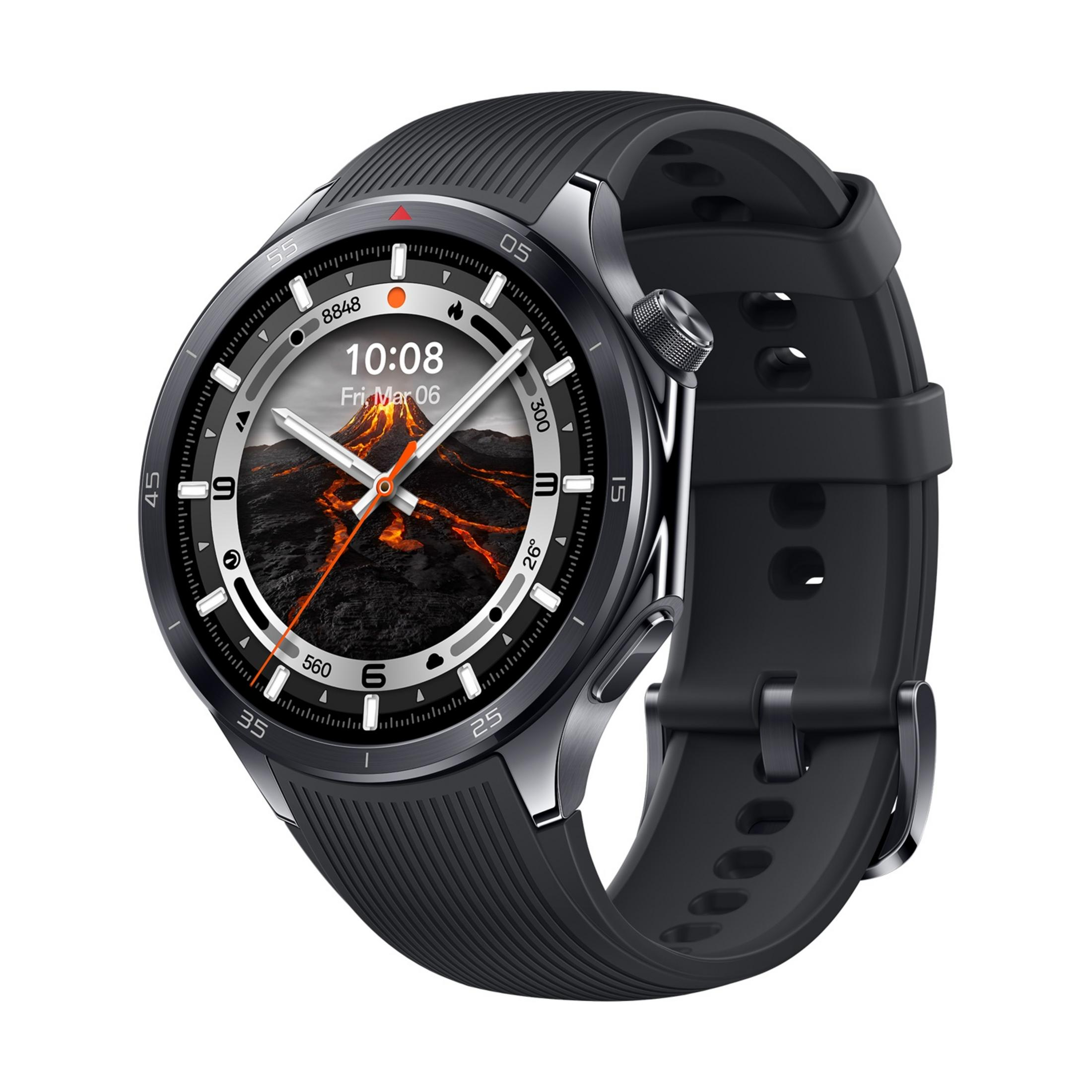 Uno smartwatch con cinturino nero e quadrante vulcanico.