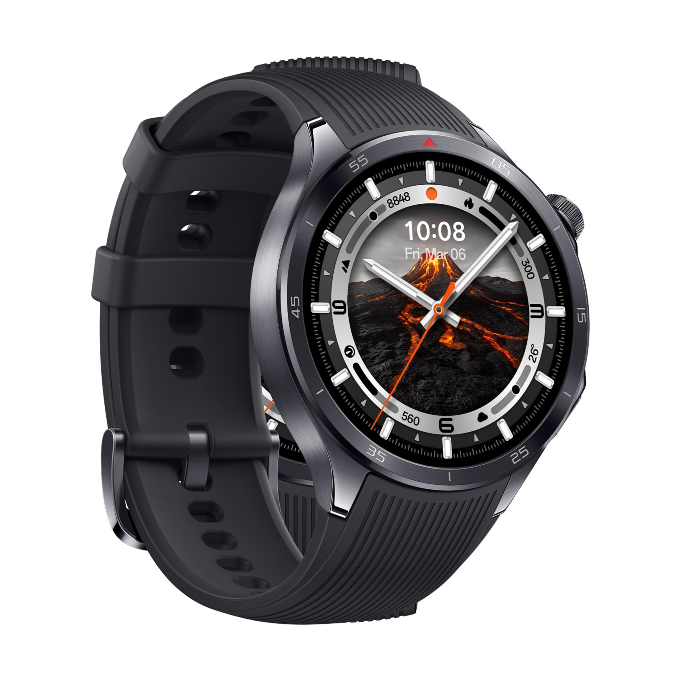Smartwatch nero con quadrante vulcano. Ore 10:08, Ven 6 Mar.