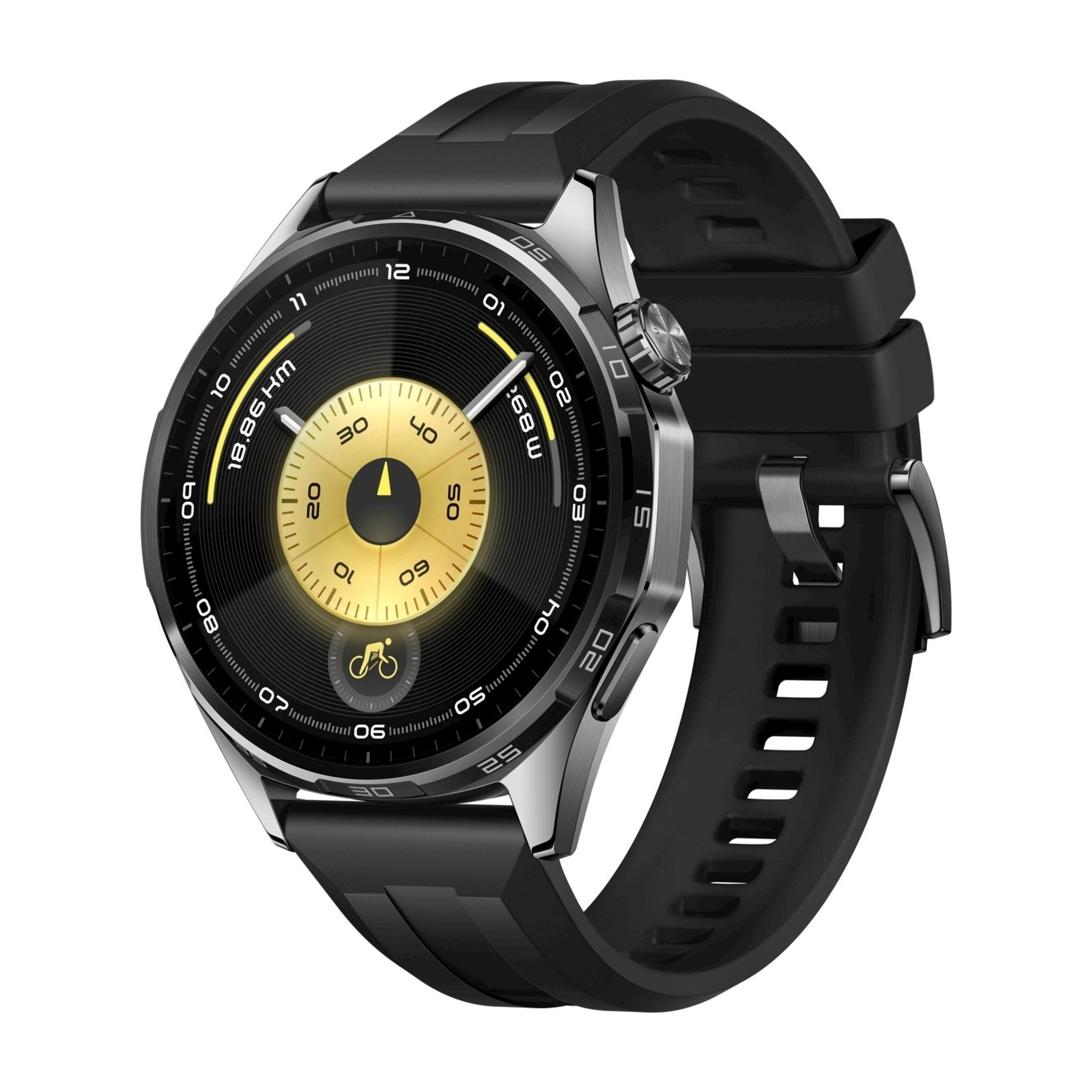 Uno smartwatch nero con cassa argentata e quadrante dorato.