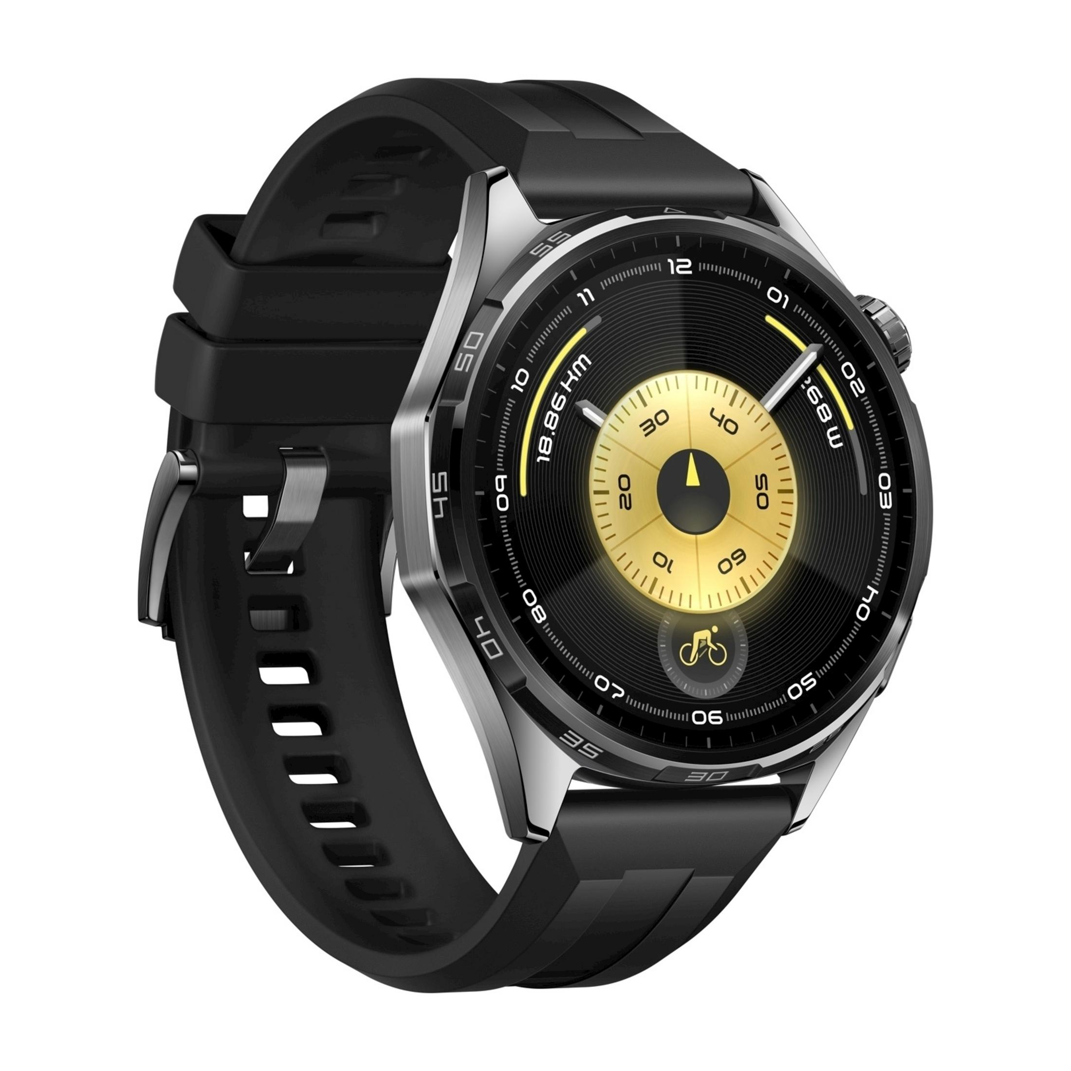 Uno smartwatch nero con lunetta argentata e display digitale dorato.