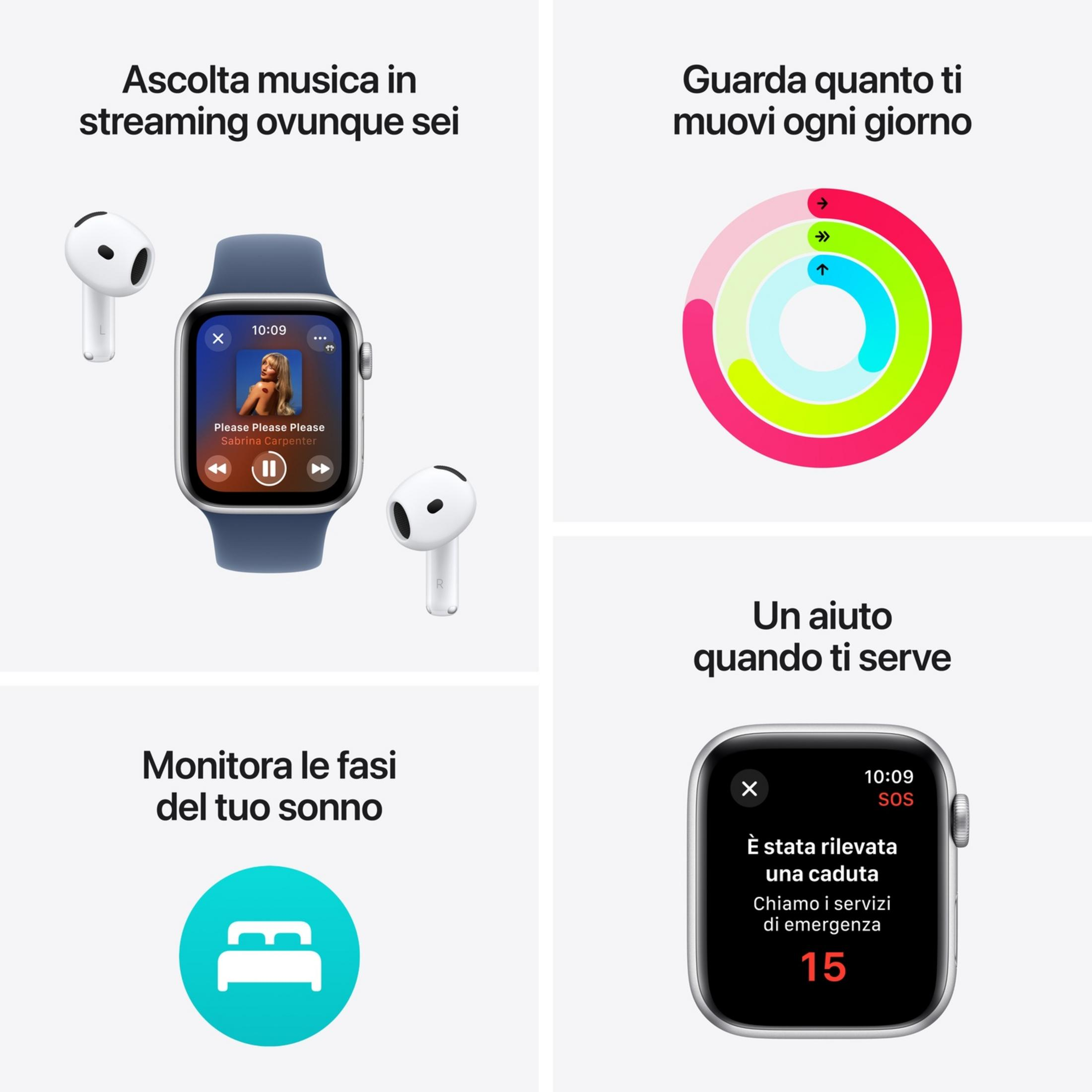 Apple Watch z AirPods: Muzyka, pierścienie aktywności, śledzenie snu, wykrywanie upadków.