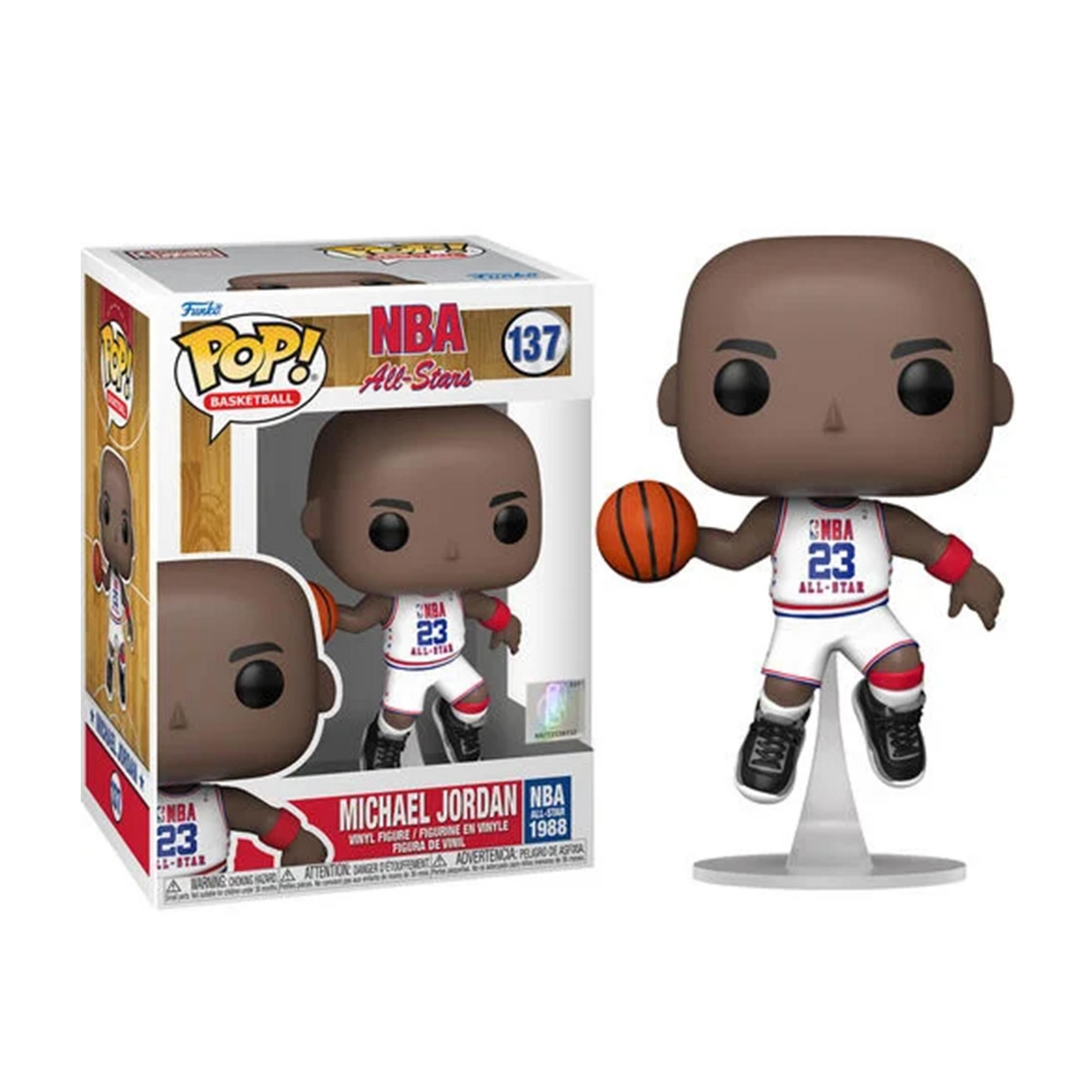Michael Jordan Funko Pop Figur in seinem NBA All-Star Trikot hält einen Basketball.