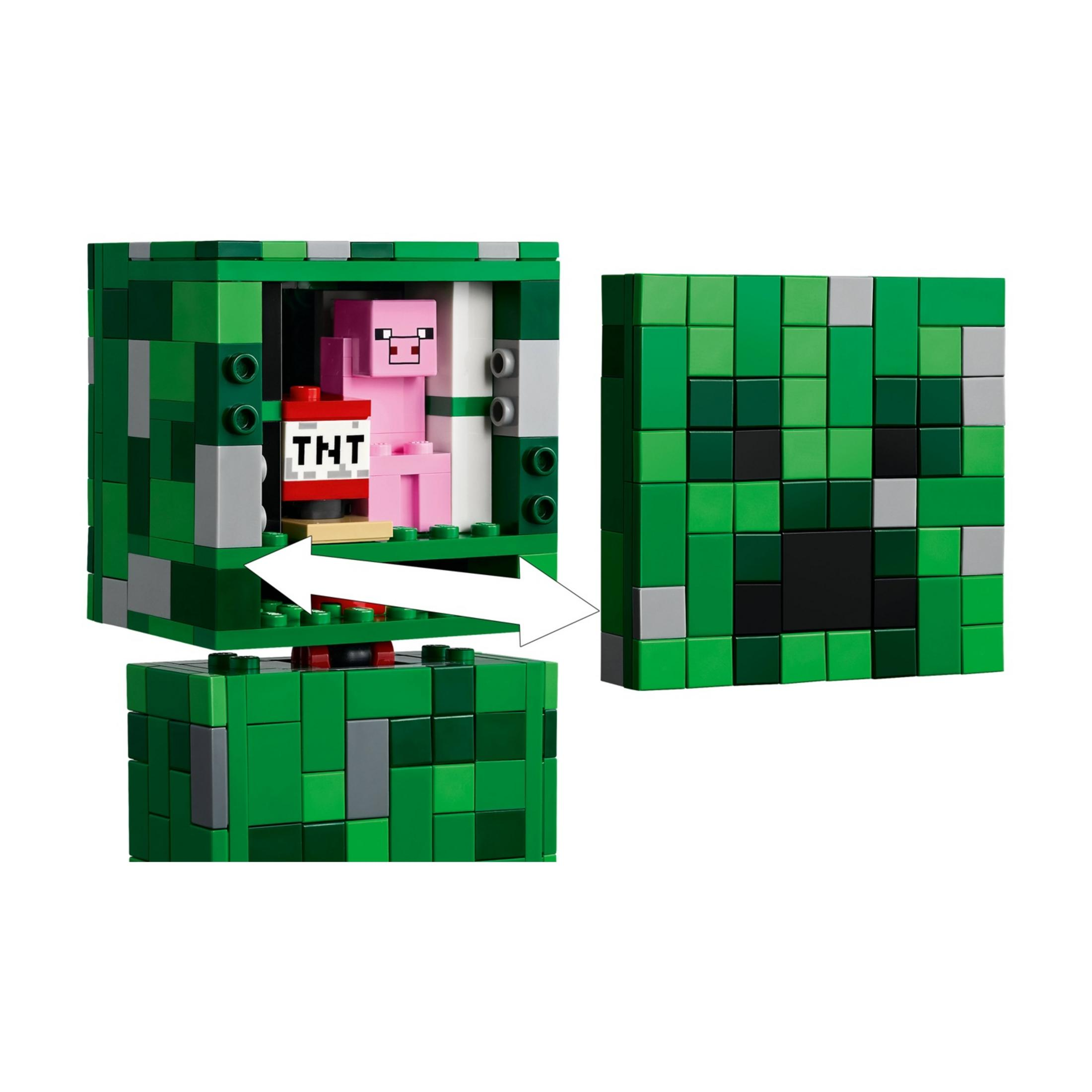 Zielony Creeper z Minecraftu z LEGO, świnią i blokami TNT.