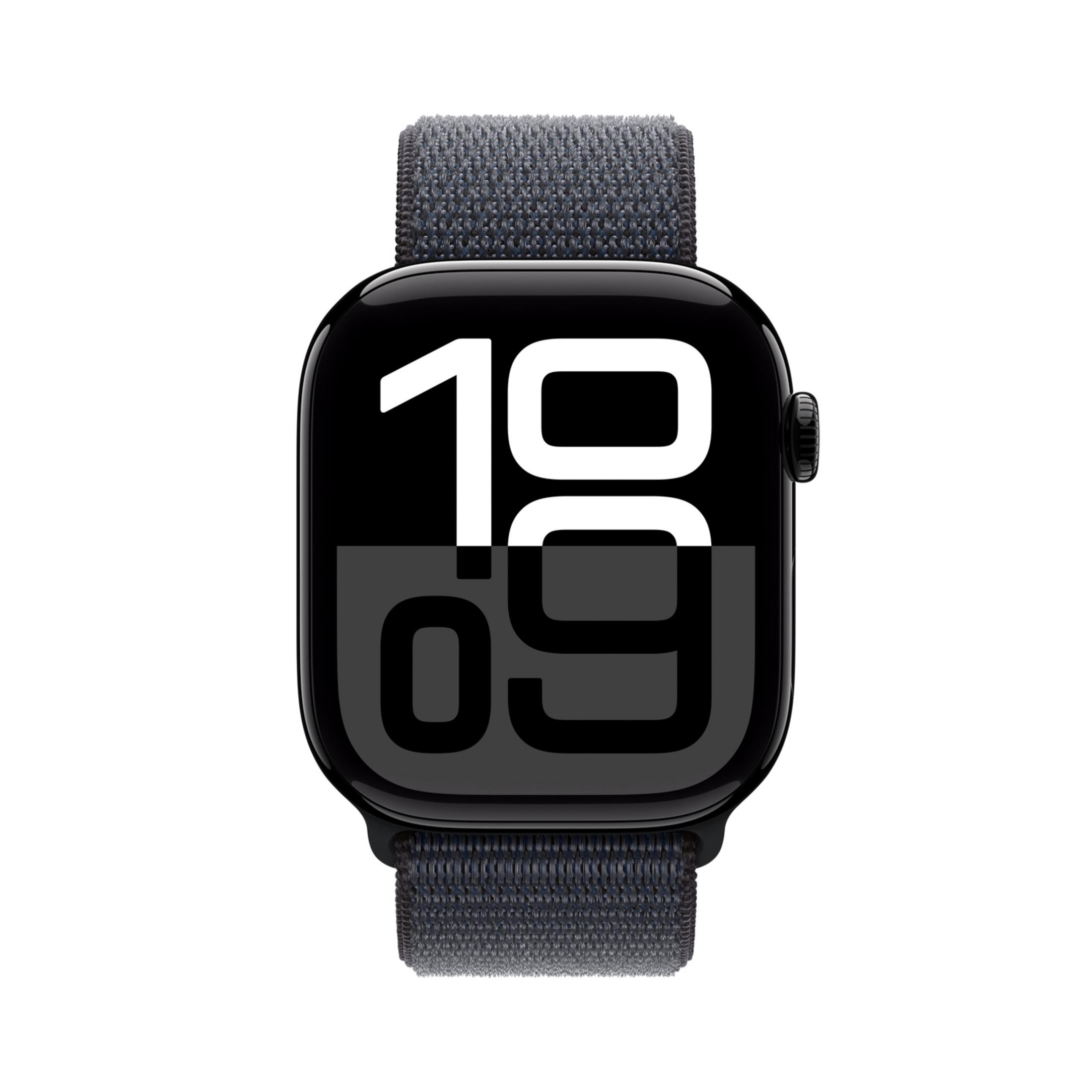 Uno smartwatch nero con cinturino in tessuto grigio mostra le 19:09.