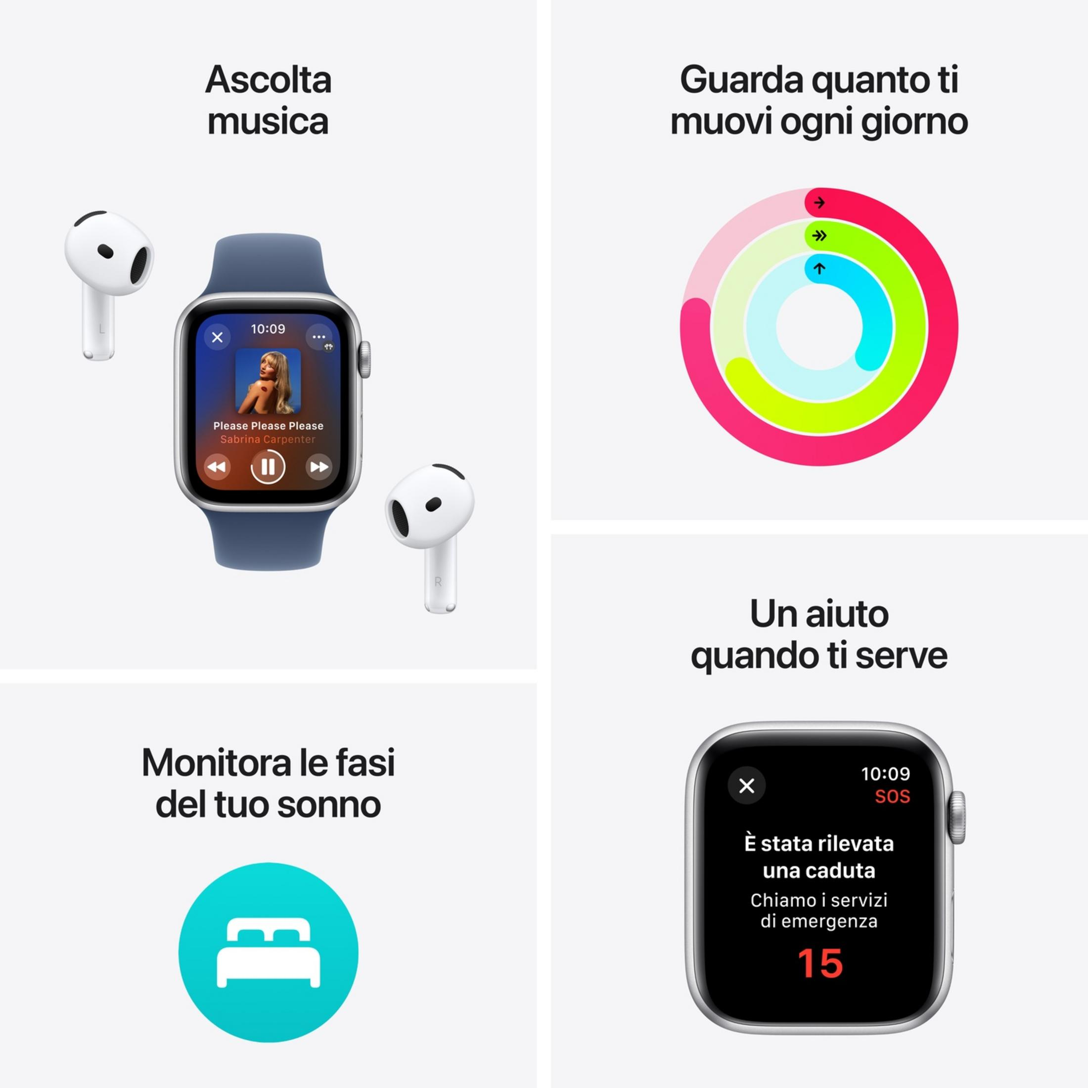 Apple Watch z AirPods, pierścienie aktywności, monitor snu i wykrywanie upadków.